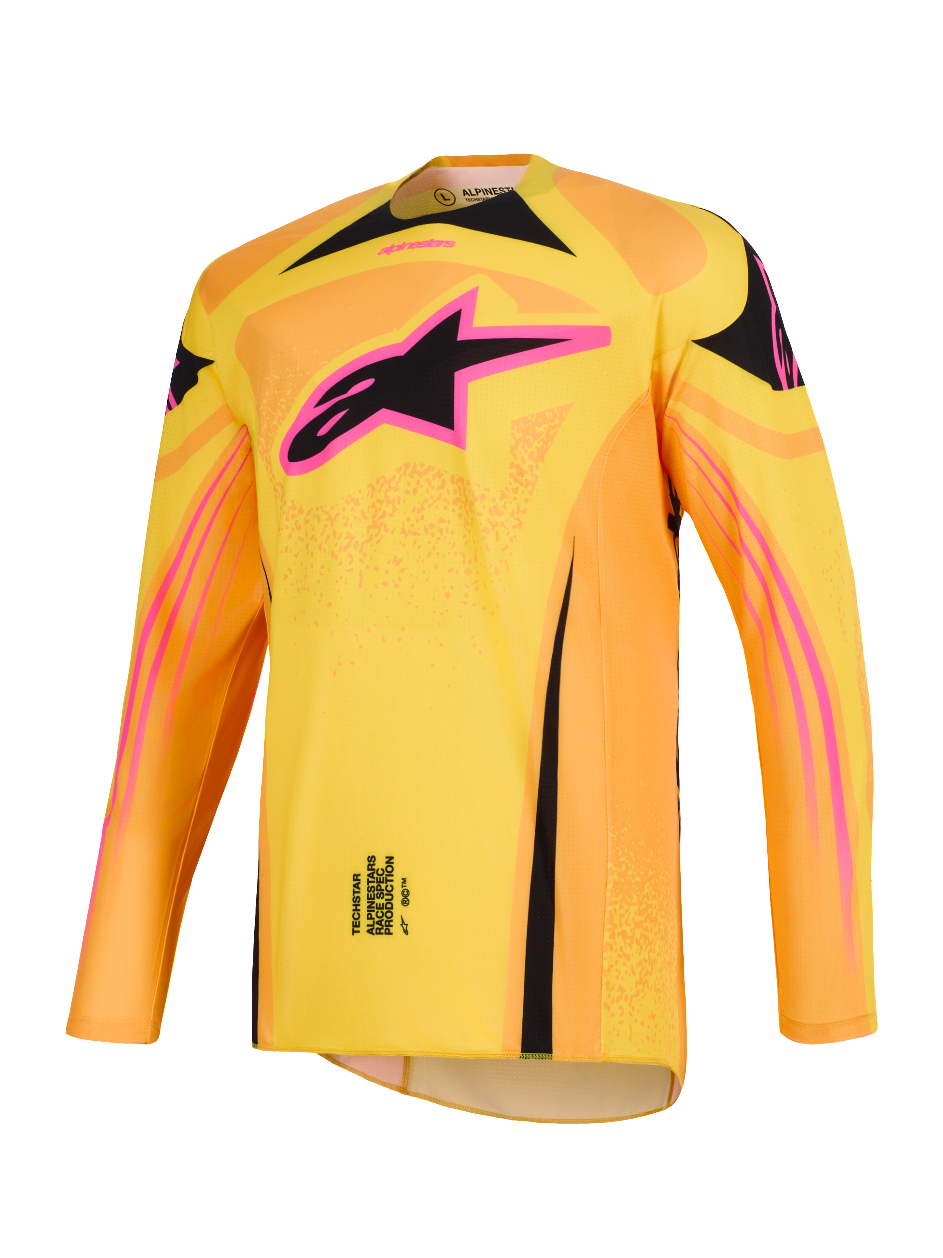 Alpinestars 2026 Techstar Nomur Trikot, Motocross-Trikot in Orange, Gelb und Pink, markantes pink-schwarzes Alpinestars Stern-Logo auf der Brust, langärmelige sportliche Rennpassform, Hochleistungs-Bekleidung für den Offroad-Wettkampf