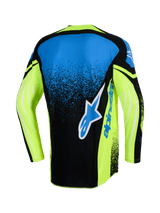 Alpinestars 2026 Techstar Nomur Trikot, Rückansicht, Motocross-Trikot, Dunkelblau, Gelb Fluo und Blau, mit großem Alpinestars-Logo auf der Rückseite, neongelben Ärmeln mit grafischen Akzenten und einer athletischen Rennpassform.