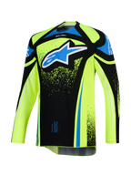 Alpinestars 2026 Techstar Nomur Jersey, Motocross Jersey, Fluo Yellow and Black with Blue accents, featuring a large blue and white Astar logo on the chest, splatter graphic details, long sleeves, athletic off-road racing gear
