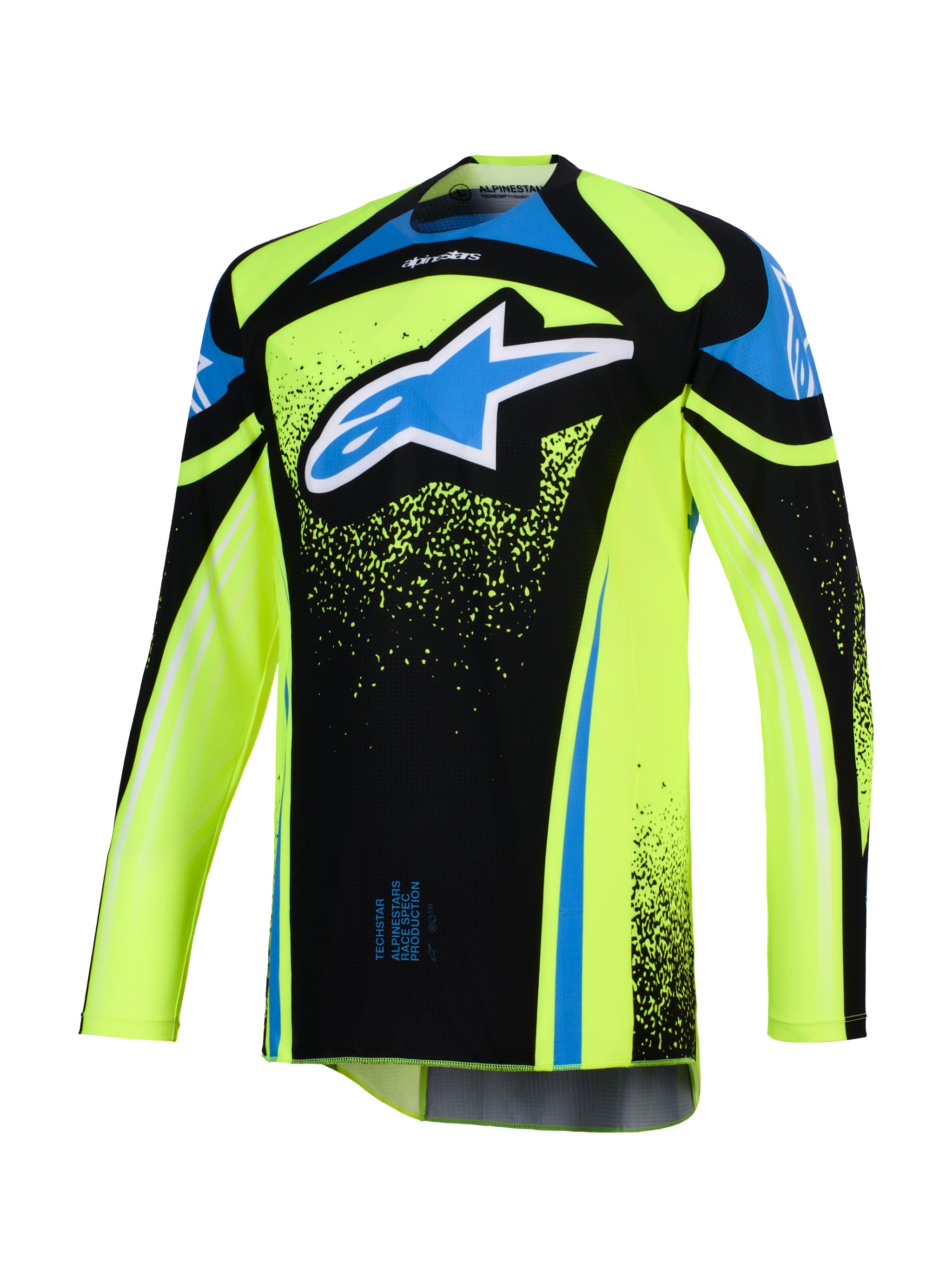 Alpinestars 2026 Techstar Nomur Trikot, Motocross-Trikot, Fluo-Gelb und Schwarz mit blauen Akzenten, großes blau-weißes Astar-Logo auf der Brust, Splatter-Grafikdetails, langärmlig, sportliche Offroad-Rennausrüstung