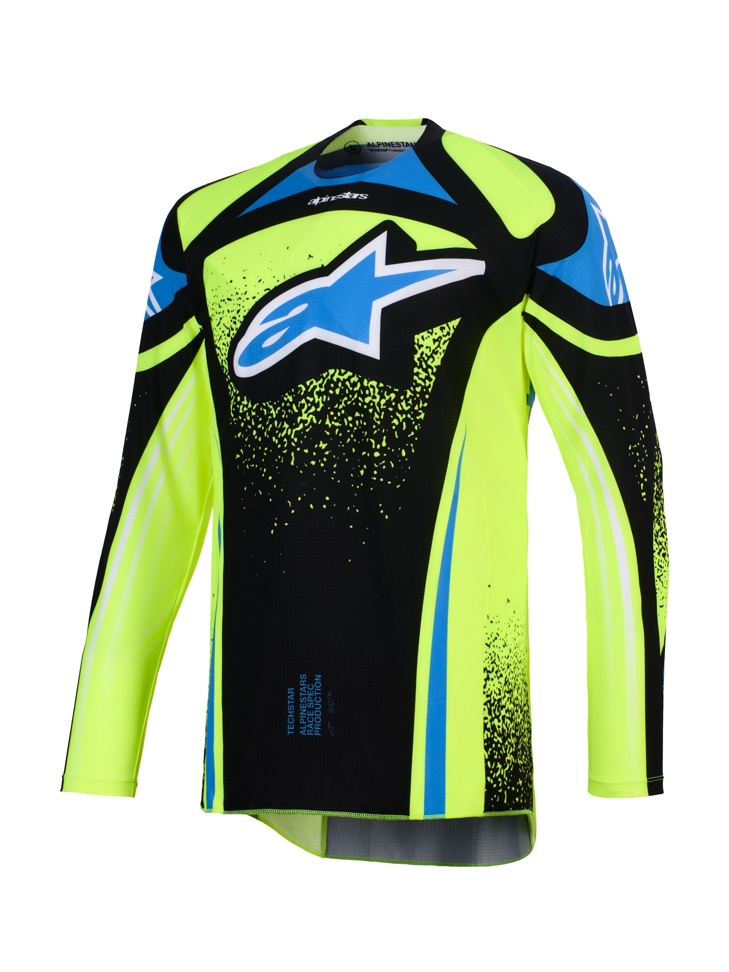 Alpinestars 2026 Techstar Nomur Jersey, Motocross Jersey, Fluo Yellow and Black with Blue accents, featuring a large blue and white Astar logo on the chest, splatter graphic details, long sleeves, athletic off-road racing gear