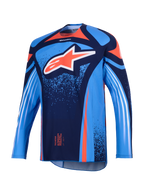 Alpinestars 2026 Techstar Nomur Trikot, Motocross-Trikot, Dunkelblau und UCLA-Blau mit orangefarbenen Akzenten, großes weißes Astars-Logo auf der Brust, weiße diagonale Streifen auf den langen Ärmeln, leichte athletische Rennpassform für Offroad-Performance