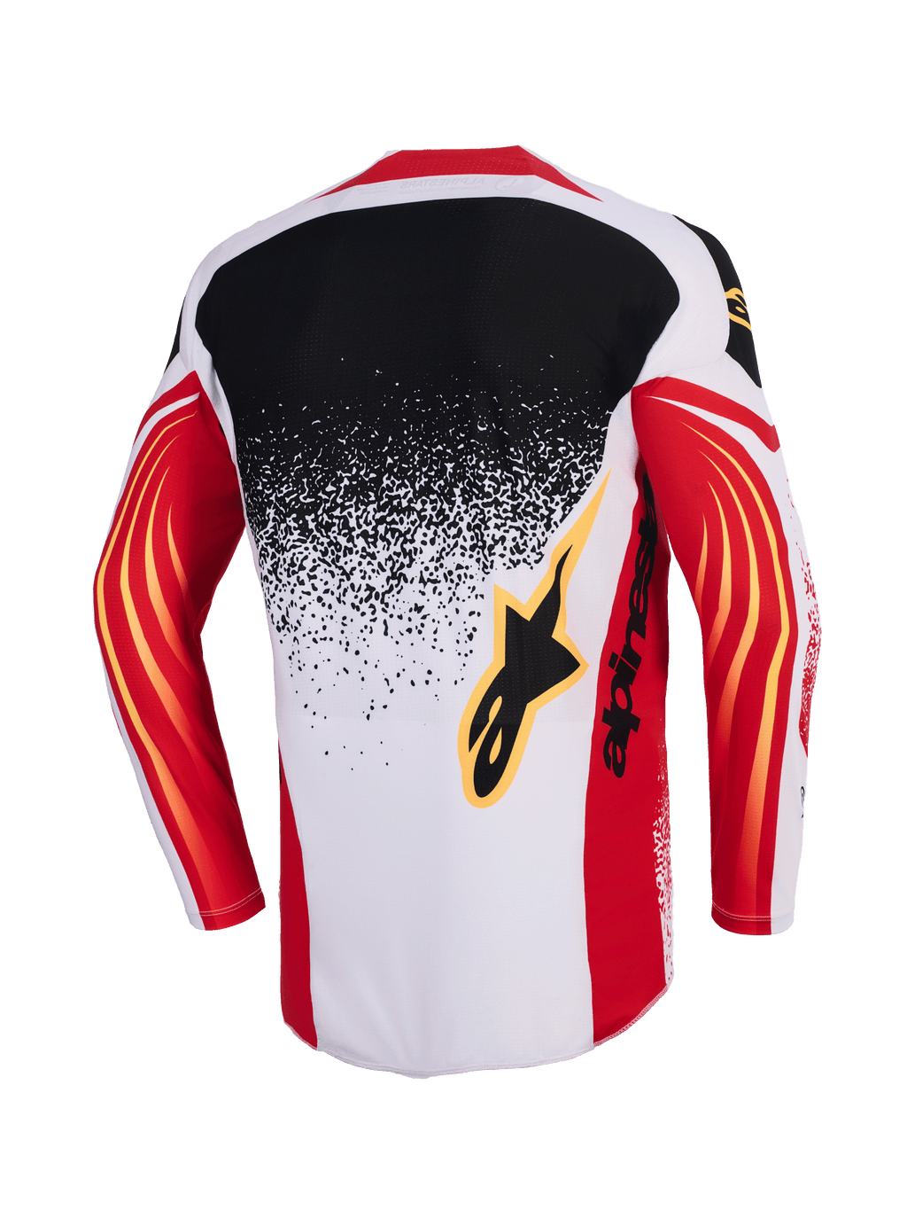 Alpinestars 2026 Techstar Nomur Trikot, Motocross-Trikot, Hellgrau, Rot und Schwarz, Rückansicht mit einem Splatter-Design mit Farbverlauf von Schwarz zu Hellgrau, rote Ärmel mit gelben geschwungenen Akzenten und schwarzem Alpinestars-Logo auf dem Rücken.