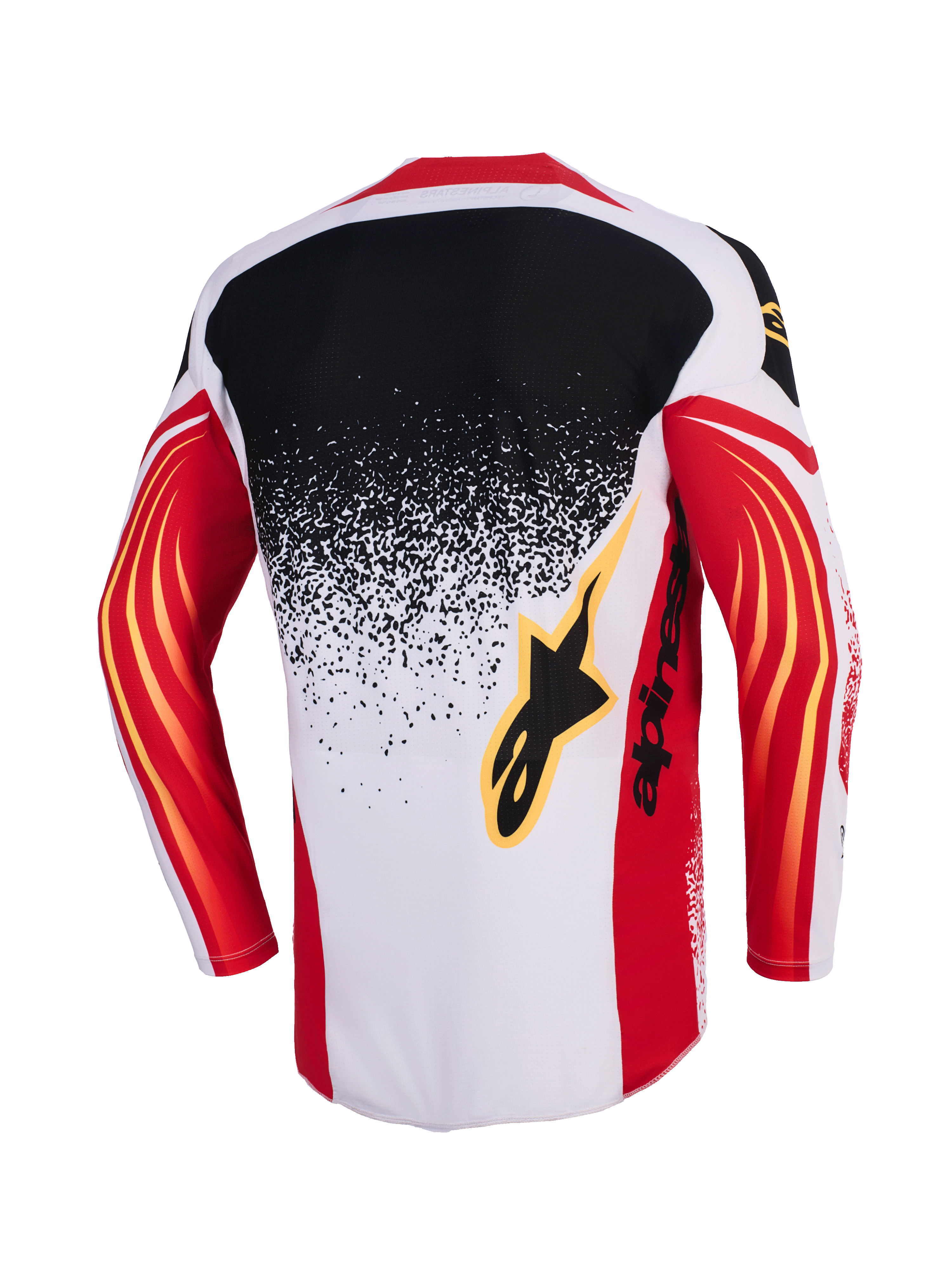 Alpinestars 2026 Techstar Nomur Trikot, Motocross-Trikot, Hellgrau, Rot und Schwarz, Rückansicht mit einem Splatter-Design mit Farbverlauf von Schwarz zu Hellgrau, rote Ärmel mit gelben geschwungenen Akzenten und schwarzem Alpinestars-Logo auf dem Rücken.