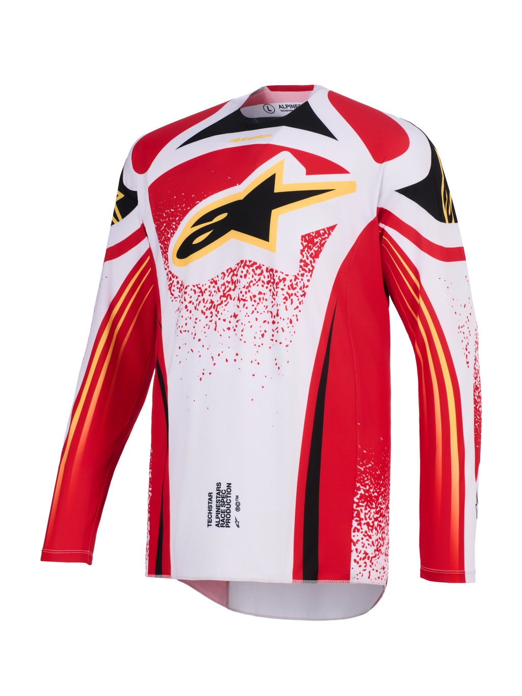 Alpinestars 2026 Techstar Nomur Jersey, Motocross-Jersey, Weiß, Rot und Schwarz, großes schwarzes Astar-Logo mit gelber Umrandung auf der Brust, athletische Rennpassform mit langen Ärmeln, Performance-Grafiken für den Offroad-Rennsport
