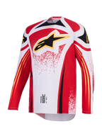 Alpinestars 2026 Techstar Nomur Jersey, Motocross-Jersey, Weiß, Rot und Schwarz, großes schwarzes Astar-Logo mit gelber Umrandung auf der Brust, athletische Rennpassform mit langen Ärmeln, Performance-Grafiken für den Offroad-Rennsport