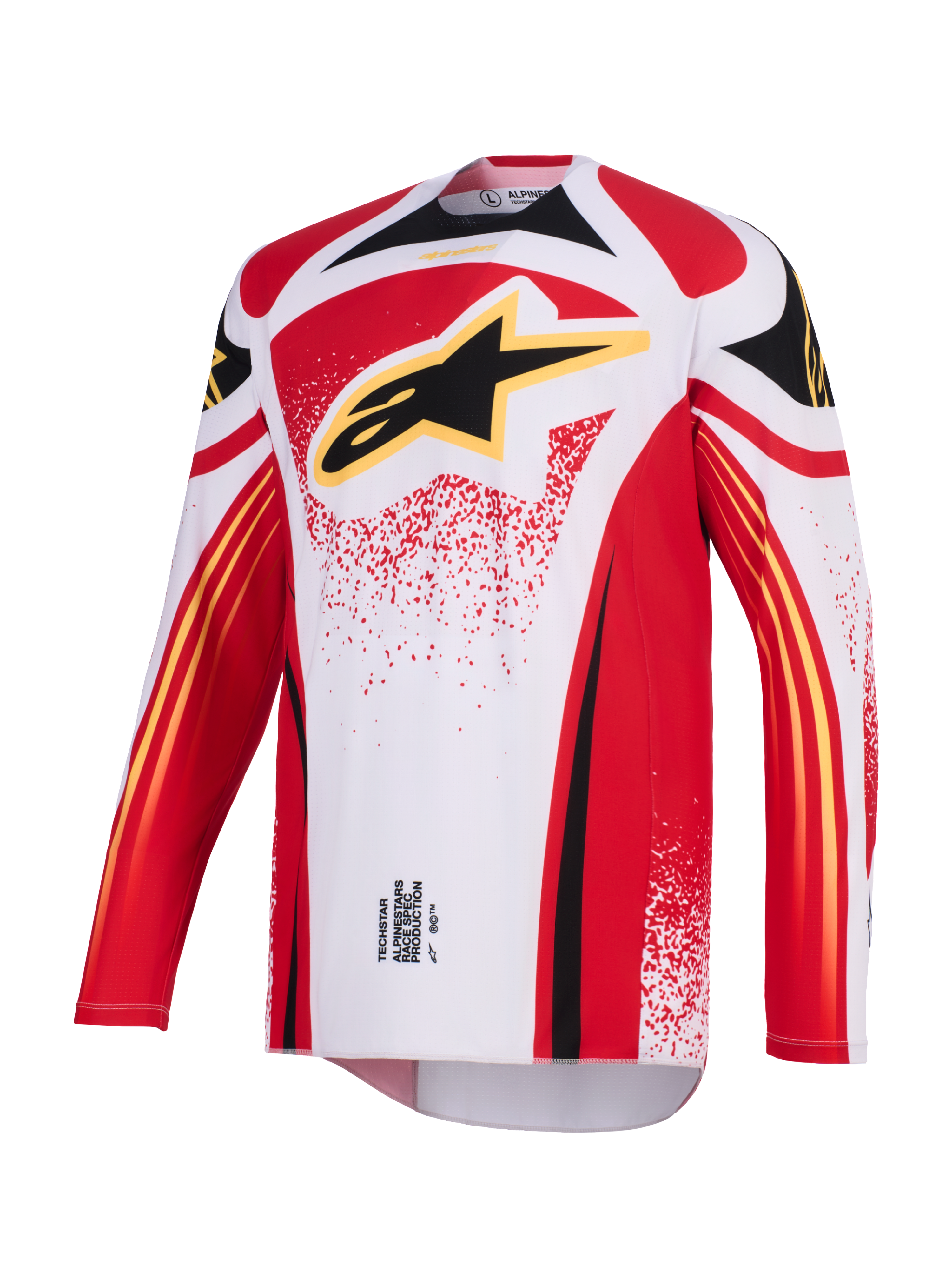 Alpinestars 2026 Techstar Nomur Jersey, Motocross-Jersey, Weiß, Rot und Schwarz, großes schwarzes Astar-Logo mit gelber Umrandung auf der Brust, athletische Rennpassform mit langen Ärmeln, Performance-Grafiken für den Offroad-Rennsport