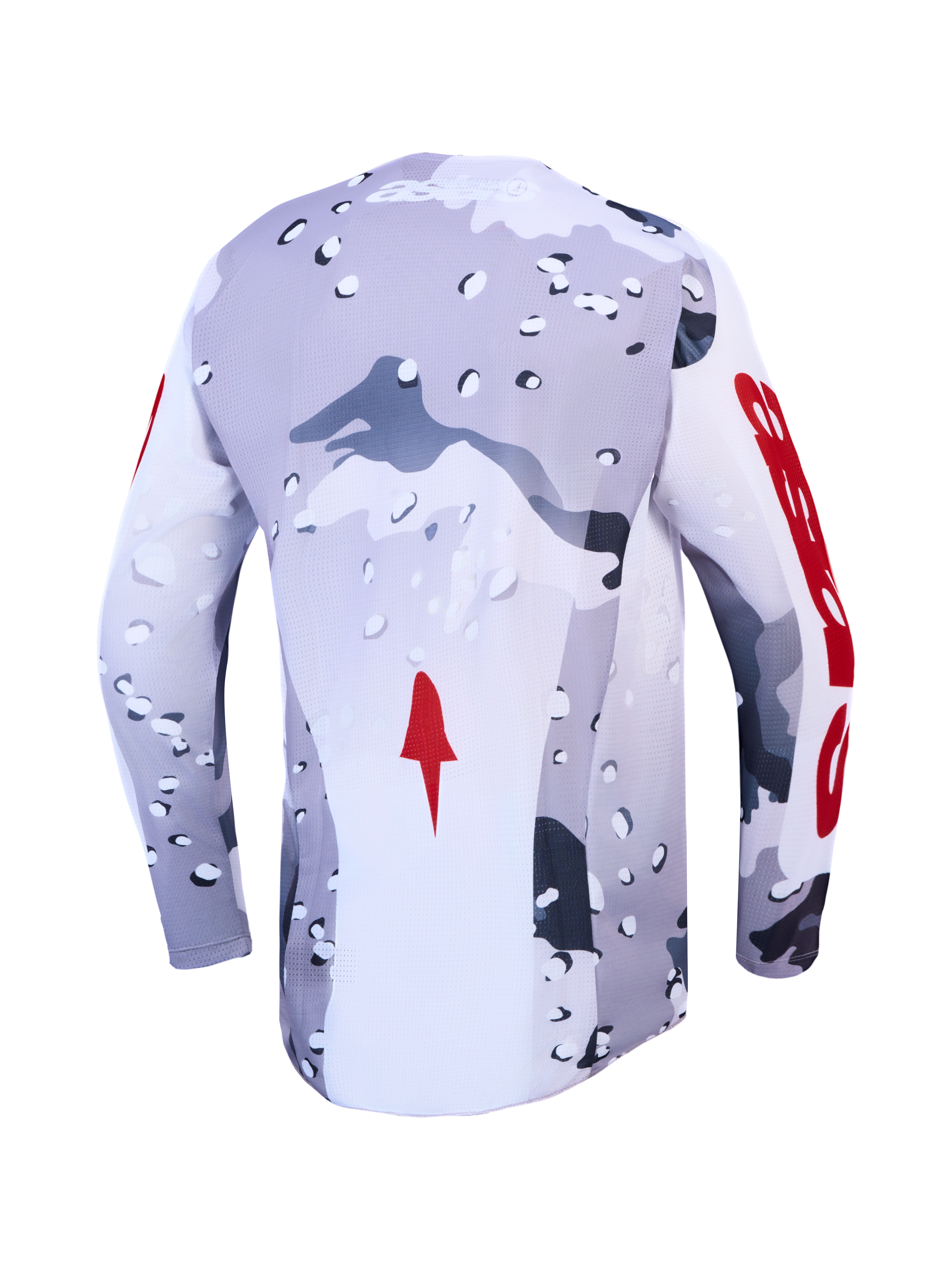 Alpinestars Racer Air Lone Trikot, Herren-Motocross-Trikot, Grau Camo und Feuerrot, Rückansicht aus atmungsaktivem Mesh.