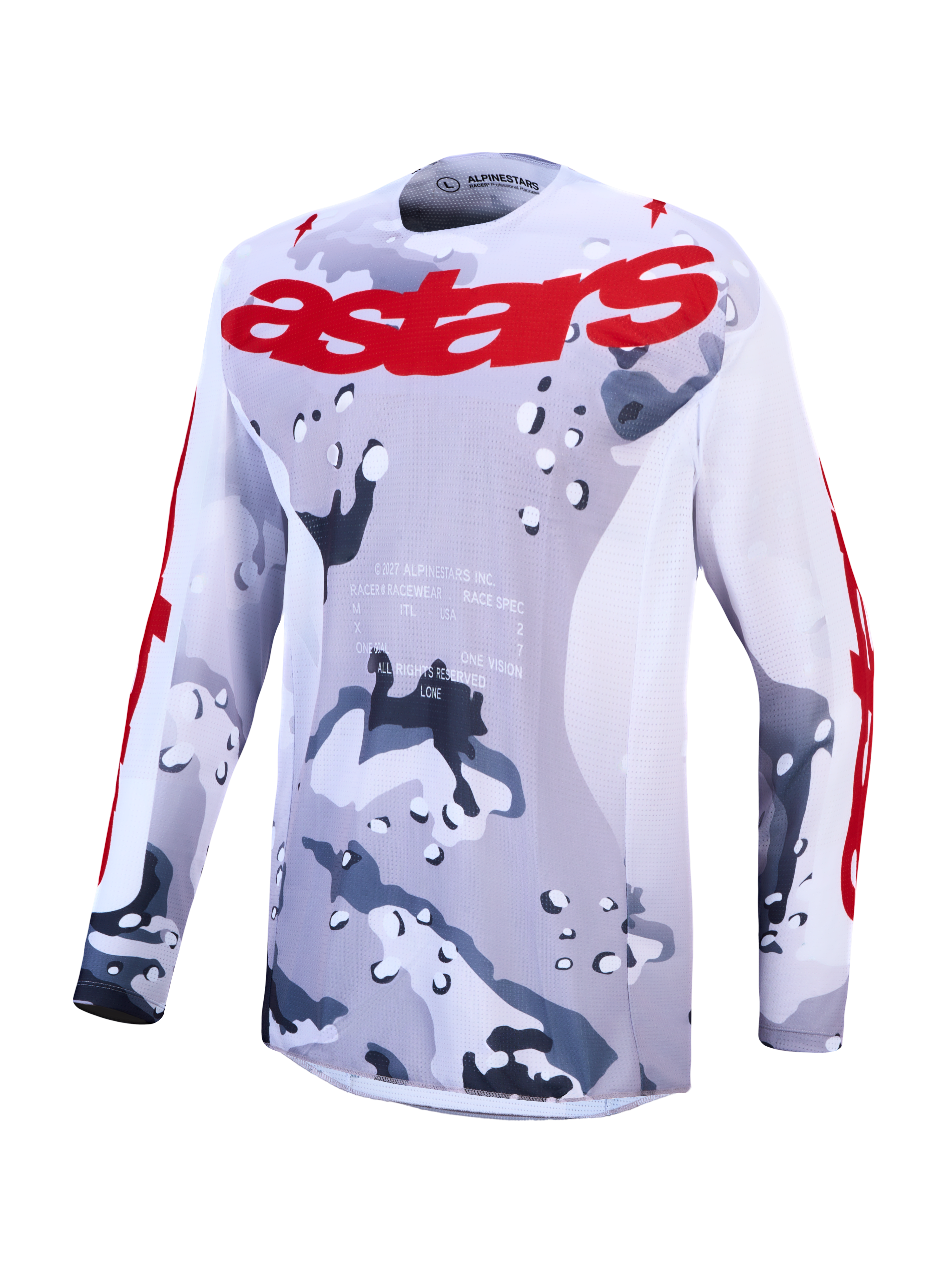 Alpinestars 2027 Racer Air Lone Trikot, Grau und Weiß, Camouflage-Muster, rotes Logo, atmungsaktives Mesh für Motocross.