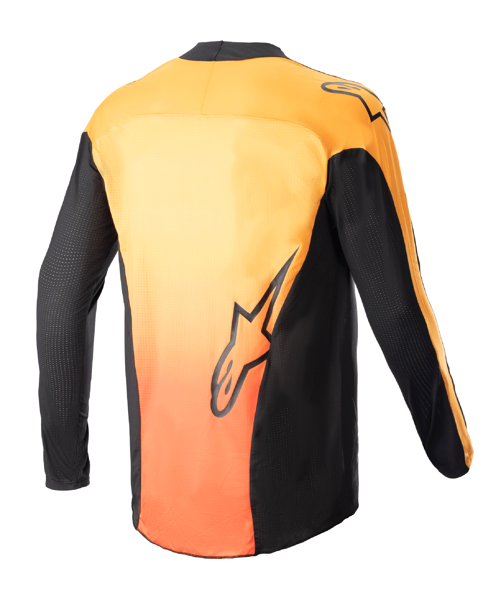 Alpinestars 2023 Techstar Sein Jersey, Motocross Jersey, Black and Hot Orange, rear view showing vibrant orange gradient back with black side panels and sleeves, featuring Alpinestars logo graphics on the lower back and shoulder