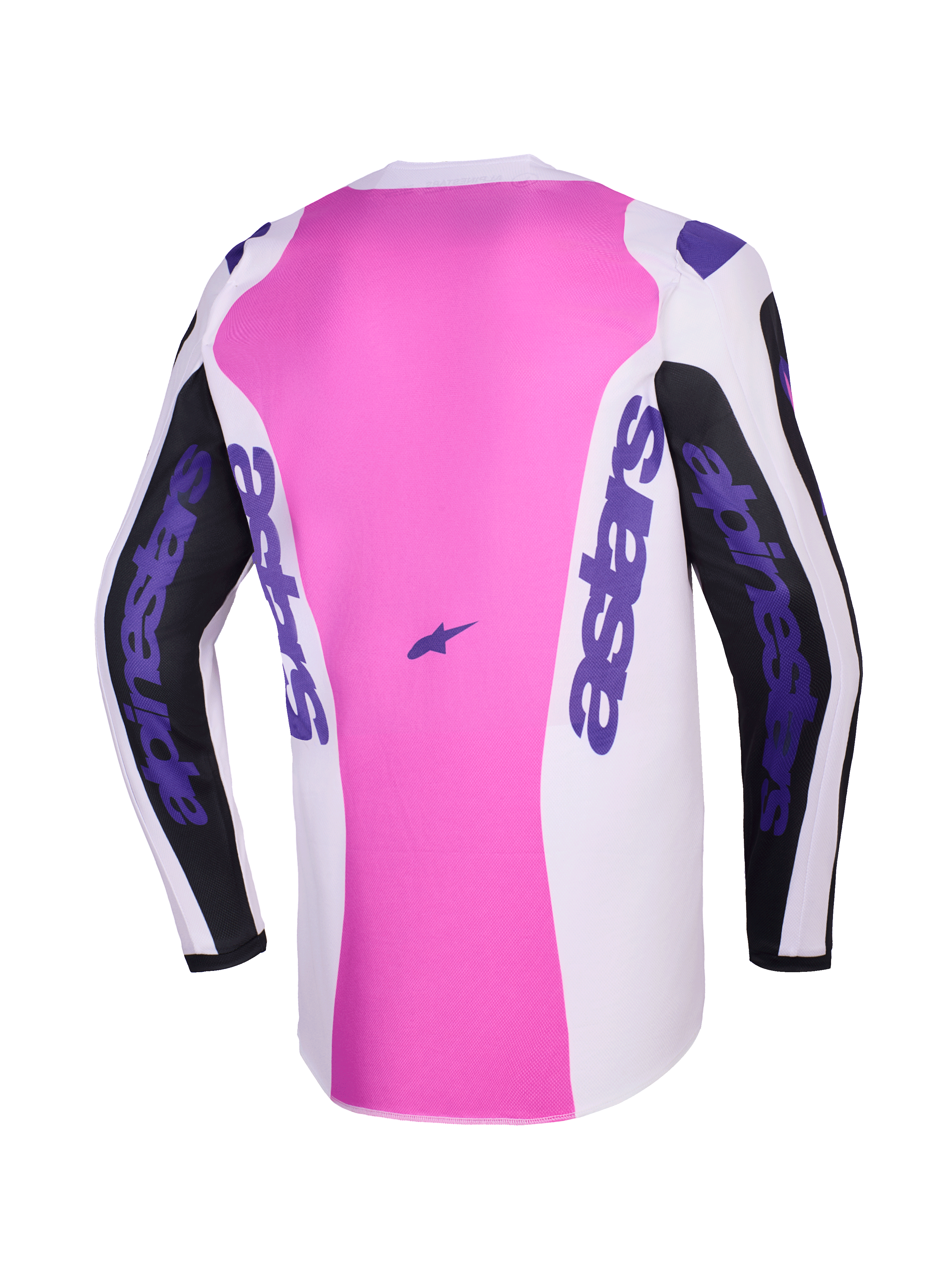 Alpinestars 2026 Fluid Grid Jersey, back view, Motocross Jersey, Black Light Gray and Purple, pink center panel with white and black sections, purple Alpinestars branding on sleeves and sides, moisture-wicking polyfabric construction
