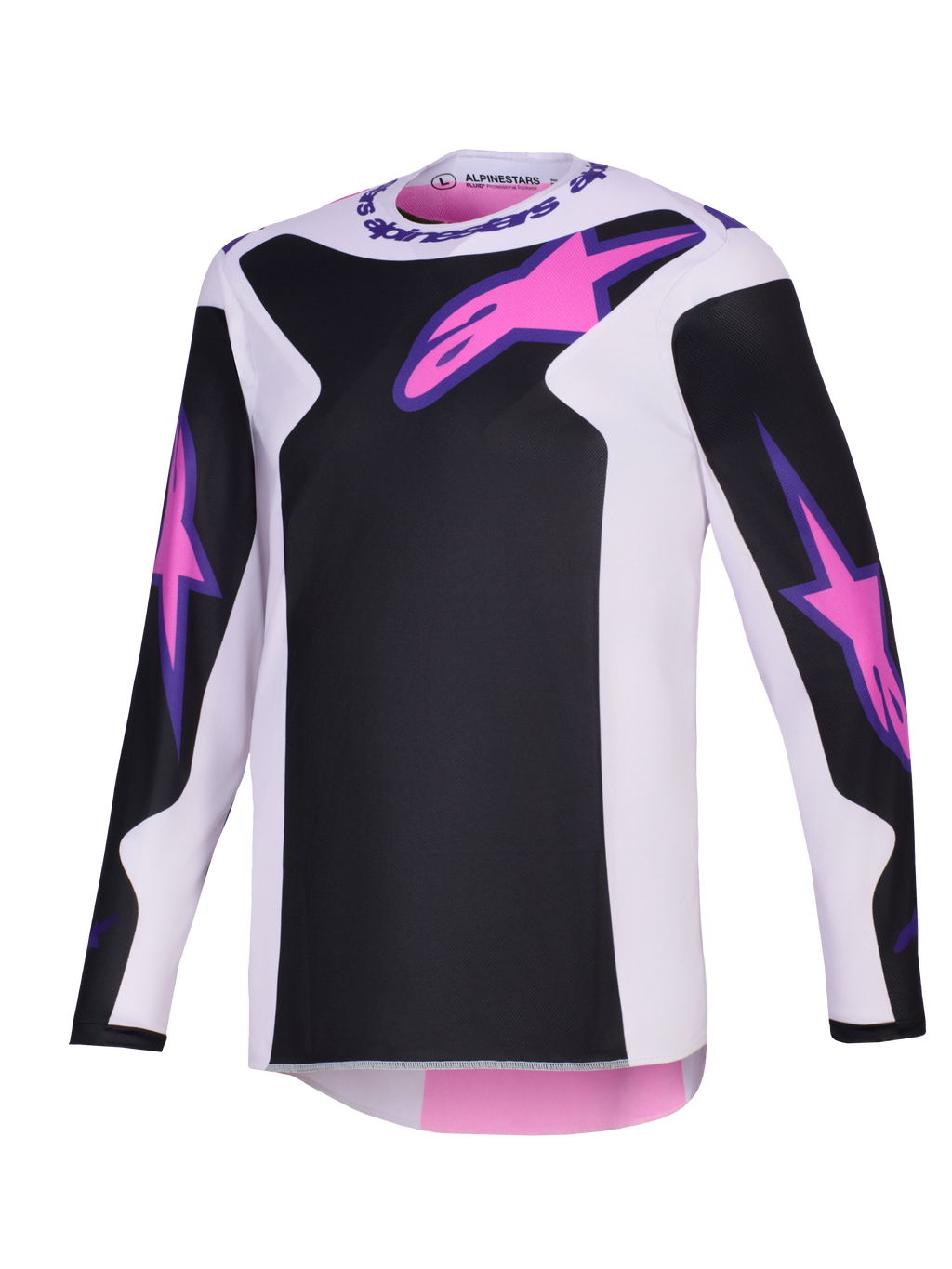 Alpinestars 2026 Fluid Grid Jersey, Motocross Jersey, Black, Light Gray, and Purple, featuring pink Astars logos on the chest and sleeves, black panels on a light gray base, long-sleeved athletic fit for off-road riding.