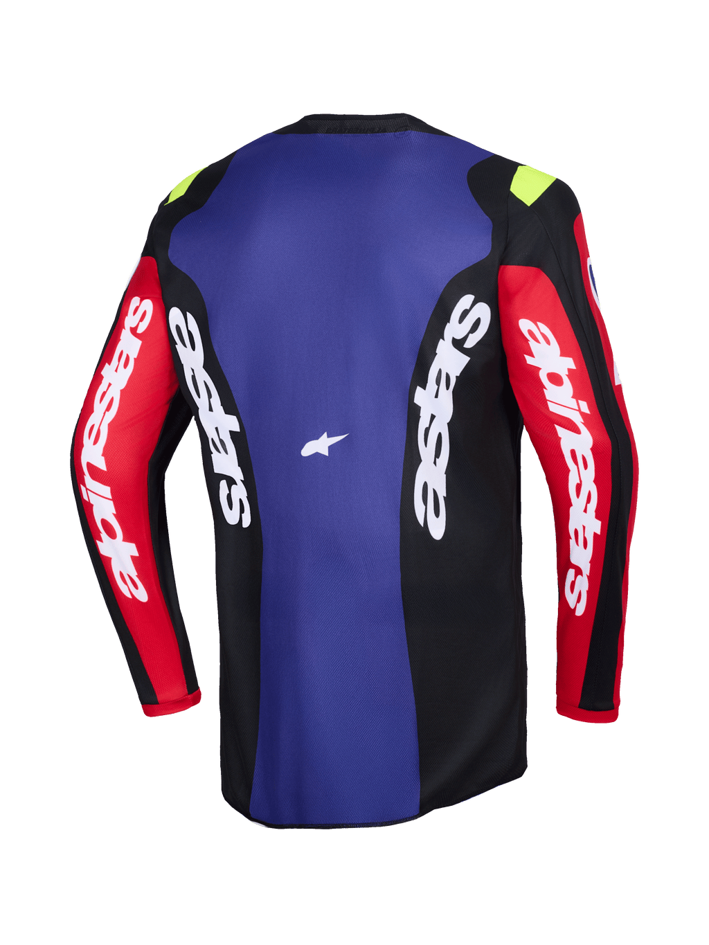 Alpinestars 2026 Fluid Grid Trikot, Rückansicht, Motocross-Trikot in Rot, Schwarz und Lila, mit weißem Alpinestars-Branding auf den Ärmeln und Seiteneinsätzen, kleinen neongelben Akzenten an den Schultern, technische feuchtigkeitsableitende Offroad-Bekleidung