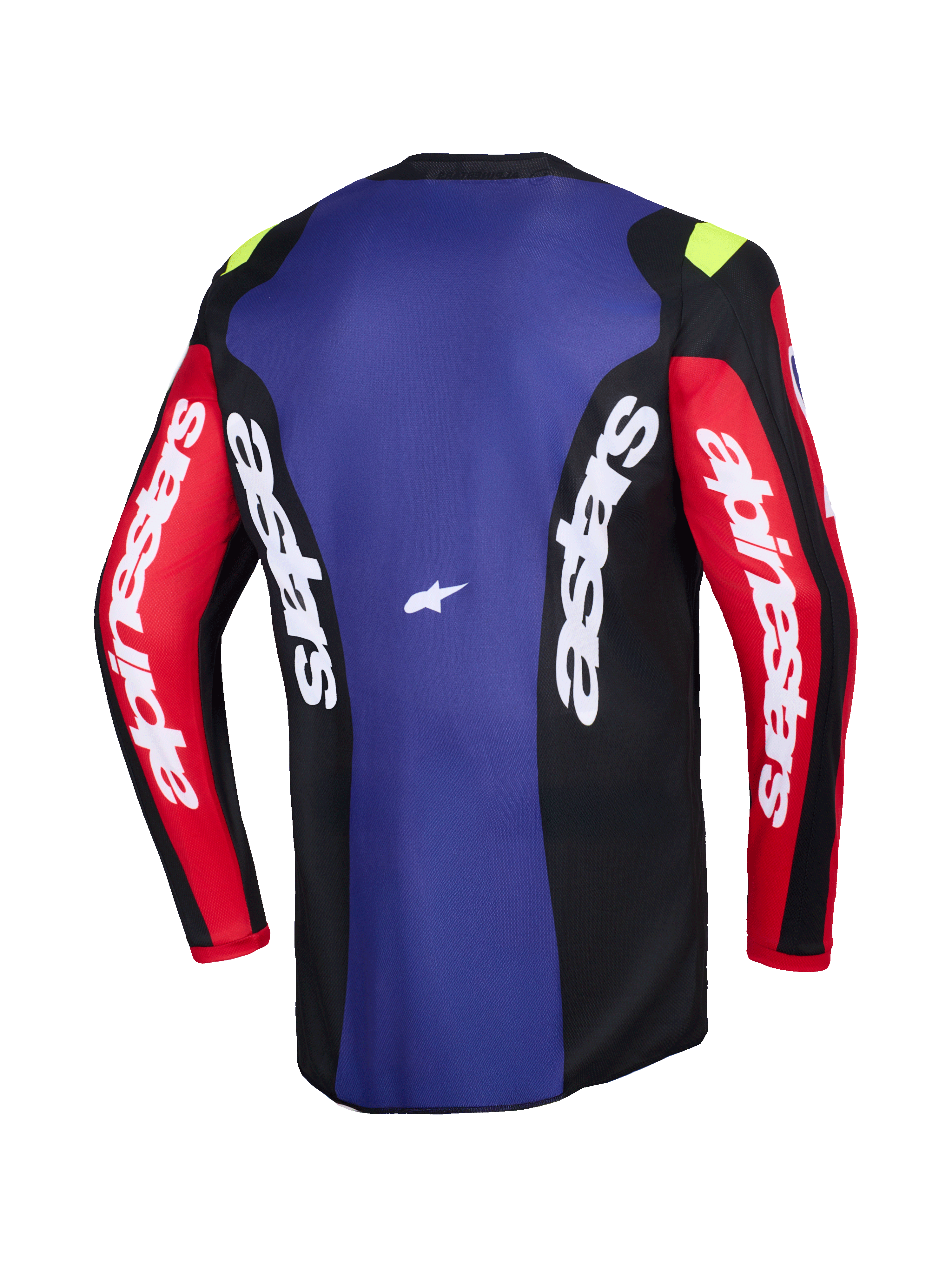 Alpinestars 2026 Fluid Grid Trikot, Rückansicht, Motocross-Trikot in Rot, Schwarz und Lila, mit weißem Alpinestars-Branding auf den Ärmeln und Seiteneinsätzen, kleinen neongelben Akzenten an den Schultern, technische feuchtigkeitsableitende Offroad-Bekleidung