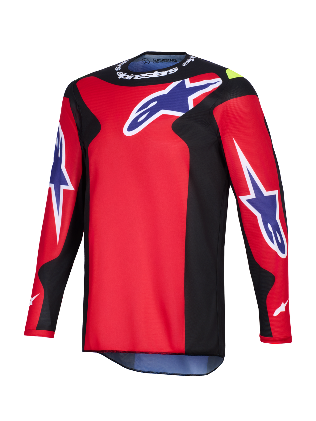 Alpinestars 2026 Fluid Grid Trikot, Motocross-Trikot, Rot, Schwarz und Lila, mit großen lila Astars-Logos auf der Brust und den Ärmeln, schwarzen Seiteneinsätzen und weißem Alpinestars-Branding am Kragen, Hochleistungs-Polygewebe-Konstruktion.