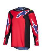 Alpinestars 2026 Fluid Grid Trikot, Motocross-Trikot, Rot, Schwarz und Lila, mit großen lila Astars-Logos auf der Brust und den Ärmeln, schwarzen Seiteneinsätzen und weißem Alpinestars-Branding am Kragen, Hochleistungs-Polygewebe-Konstruktion.