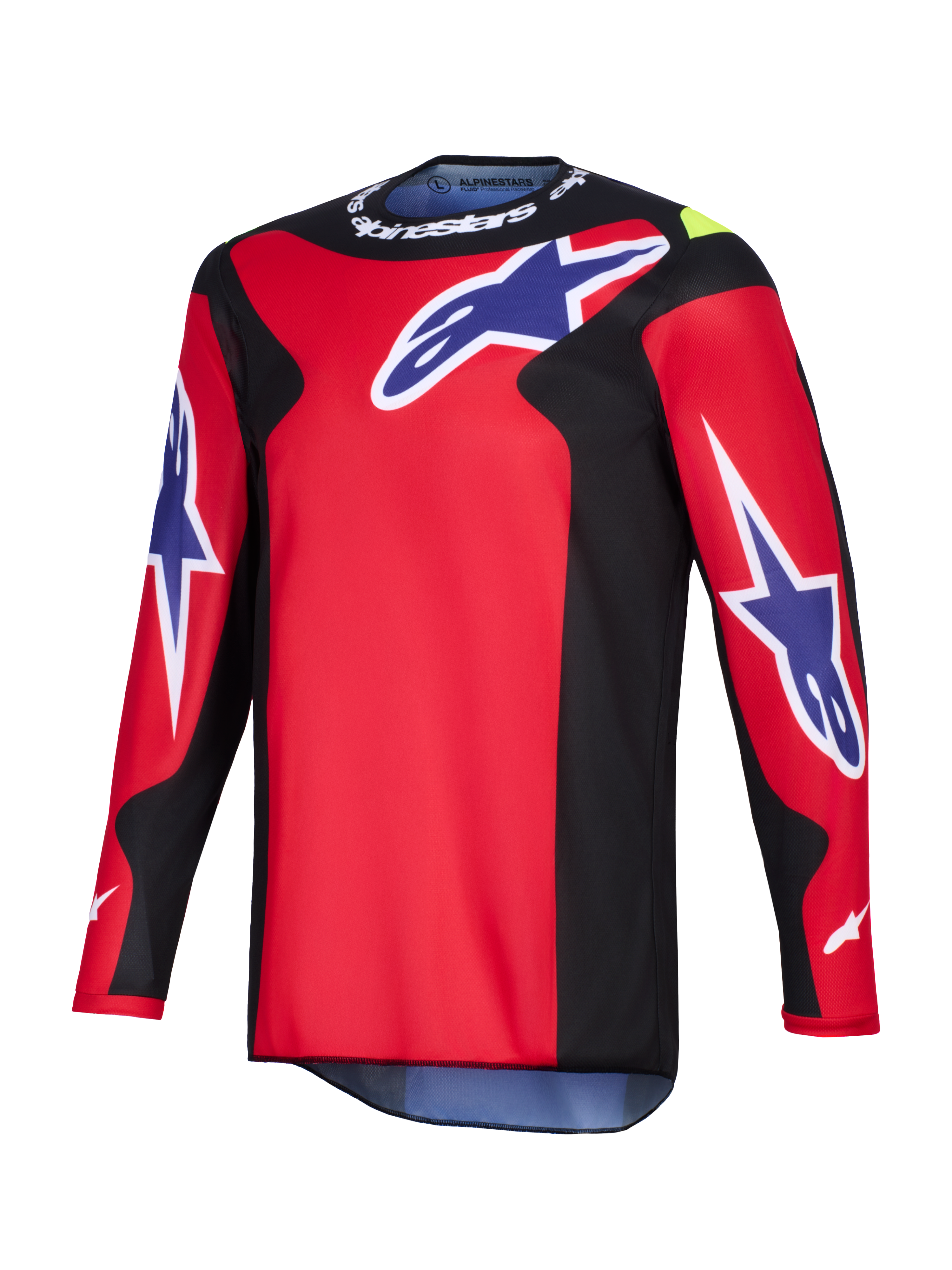 Alpinestars 2026 Fluid Grid Trikot, Motocross-Trikot, Rot, Schwarz und Lila, mit großen lila Astars-Logos auf der Brust und den Ärmeln, schwarzen Seiteneinsätzen und weißem Alpinestars-Branding am Kragen, Hochleistungs-Polygewebe-Konstruktion.