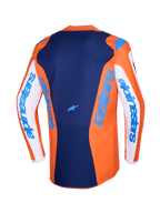 Alpinestars 2026 Fluid Grid Trikot, Motocross-Trikot, Orange und UCLA Blau, weiße Ärmel mit blauem Alpinestars-Branding, dunkelblaues Rückenpanel mit kleinem Stern-Logo, verlängerter Rückenschnitt für Offroad-Fahrten