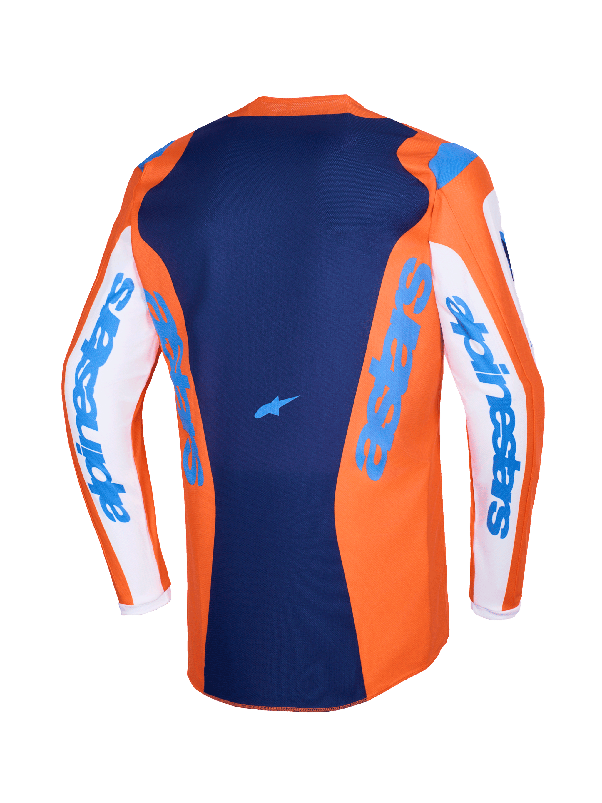 Alpinestars 2026 Fluid Grid Trikot, Motocross-Trikot, Orange und UCLA Blau, weiße Ärmel mit blauem Alpinestars-Branding, dunkelblaues Rückenpanel mit kleinem Stern-Logo, verlängerter Rückenschnitt für Offroad-Fahrten