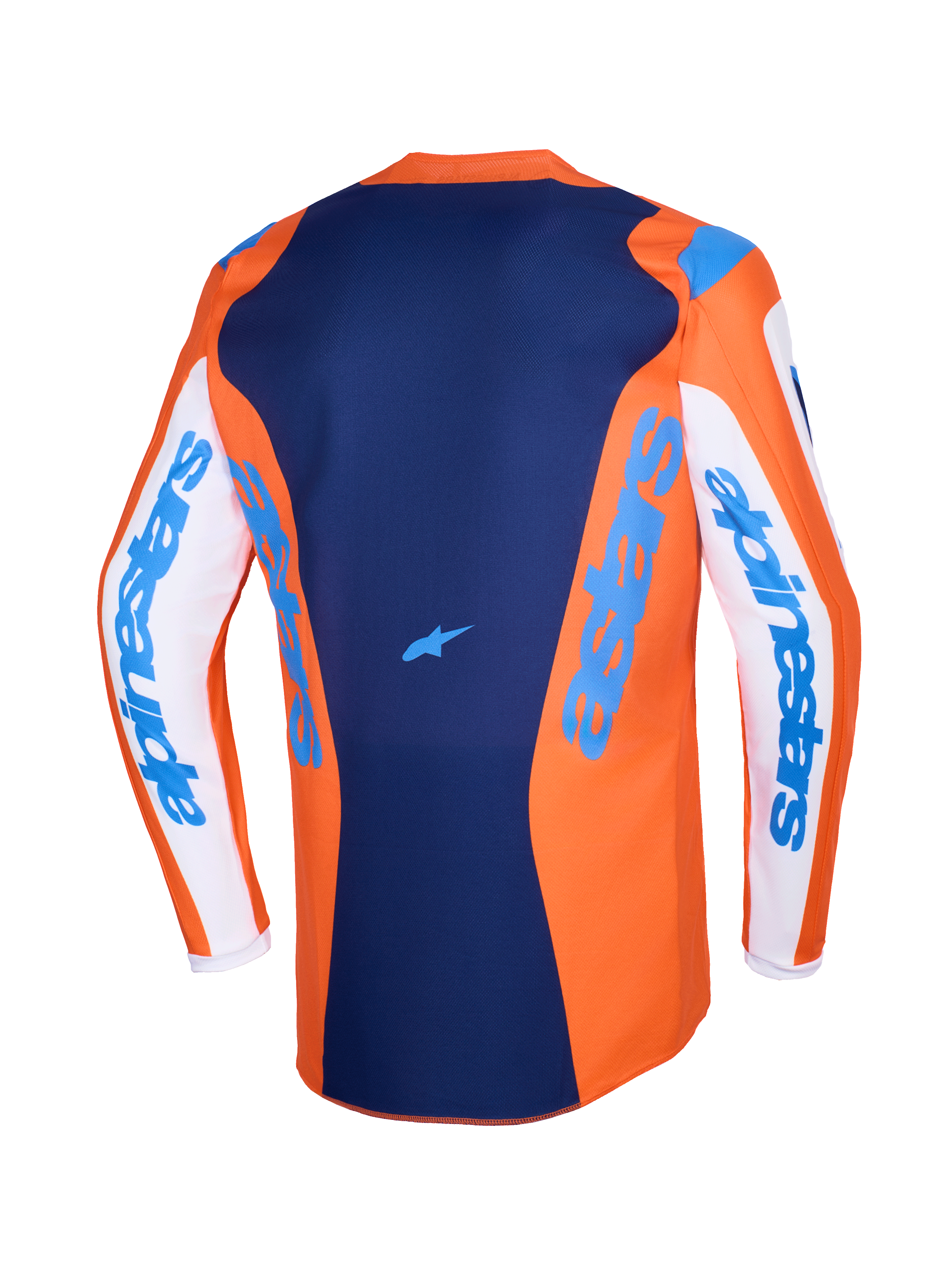 Alpinestars 2026 Fluid Grid Trikot, Motocross-Trikot, Orange und UCLA Blau, weiße Ärmel mit blauem Alpinestars-Branding, dunkelblaues Rückenpanel mit kleinem Stern-Logo, verlängerter Rückenschnitt für Offroad-Fahrten