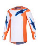 Alpinestars 2026 Fluid Grid Trikot, Motocross-Trikot, Orange, Weiß und UCLA-Blau, Langarm-Performance-Ausrüstung mit blauen Stern-Logos auf der Brust und den Ärmeln, sportliche Passform für Offroad-Einsätze.