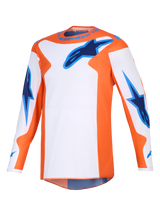 Alpinestars 2026 Fluid Grid Trikot, Motocross-Trikot, Orange, Weiß und UCLA-Blau, Langarm-Performance-Ausrüstung mit blauen Stern-Logos auf der Brust und den Ärmeln, sportliche Passform für Offroad-Einsätze.