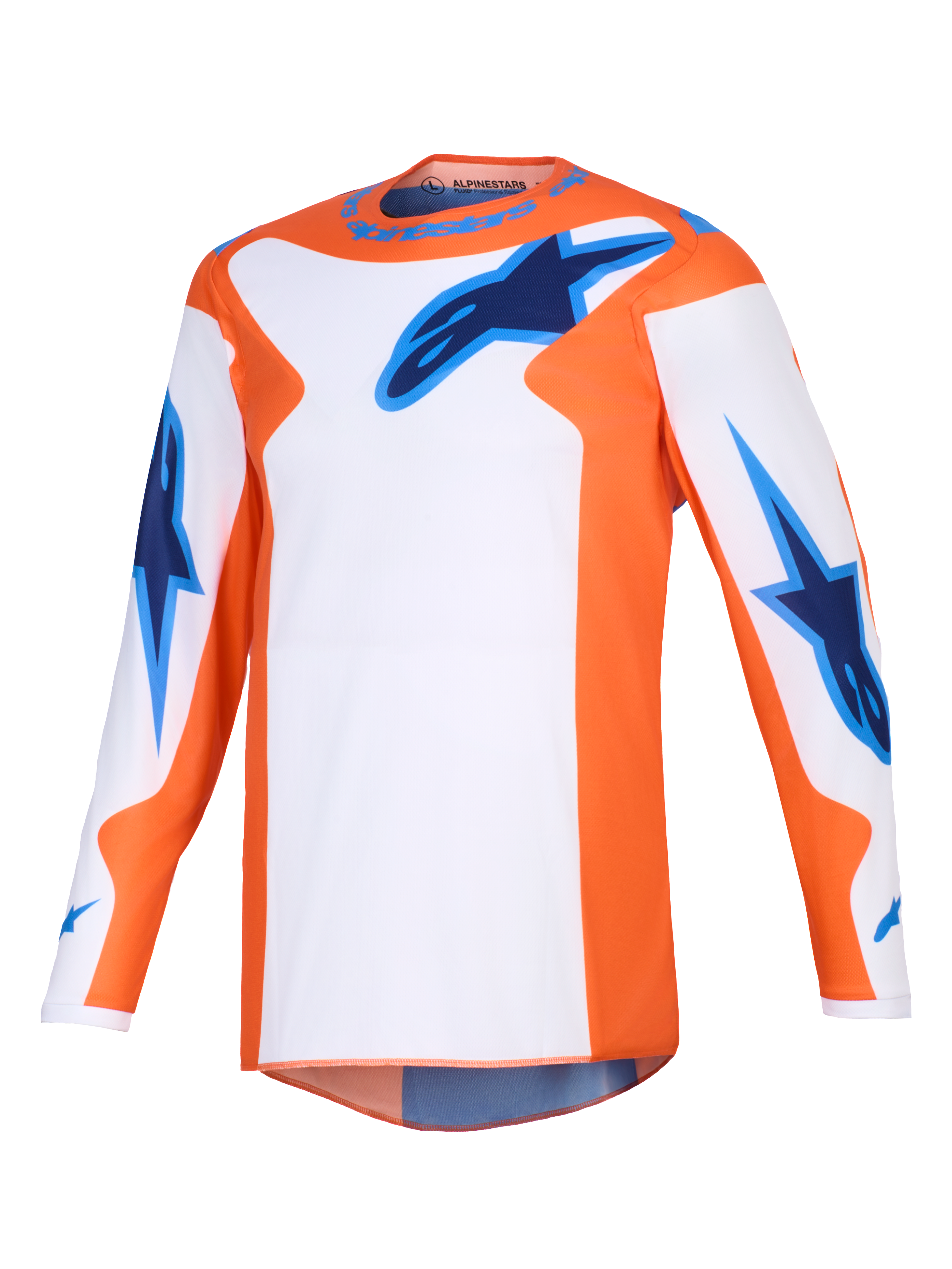 Alpinestars 2026 Fluid Grid Trikot, Motocross-Trikot, Orange, Weiß und UCLA-Blau, Langarm-Performance-Ausrüstung mit blauen Stern-Logos auf der Brust und den Ärmeln, sportliche Passform für Offroad-Einsätze.