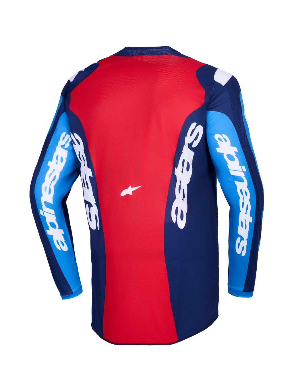 Alpinestars 2026 Fluid Grid Trikot, Rückansicht, rot-blaues Motocross-Trikot, mit markantem weißem Alpinestars-Branding auf Ärmeln und Rücken, leichtes Polygewebe-Design für Offroad-Fahrten