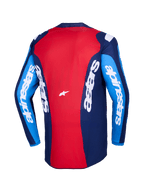 Alpinestars 2026 Fluid Grid Trikot, Rückansicht, rot-blaues Motocross-Trikot, mit markantem weißem Alpinestars-Branding auf Ärmeln und Rücken, leichtes Polygewebe-Design für Offroad-Fahrten