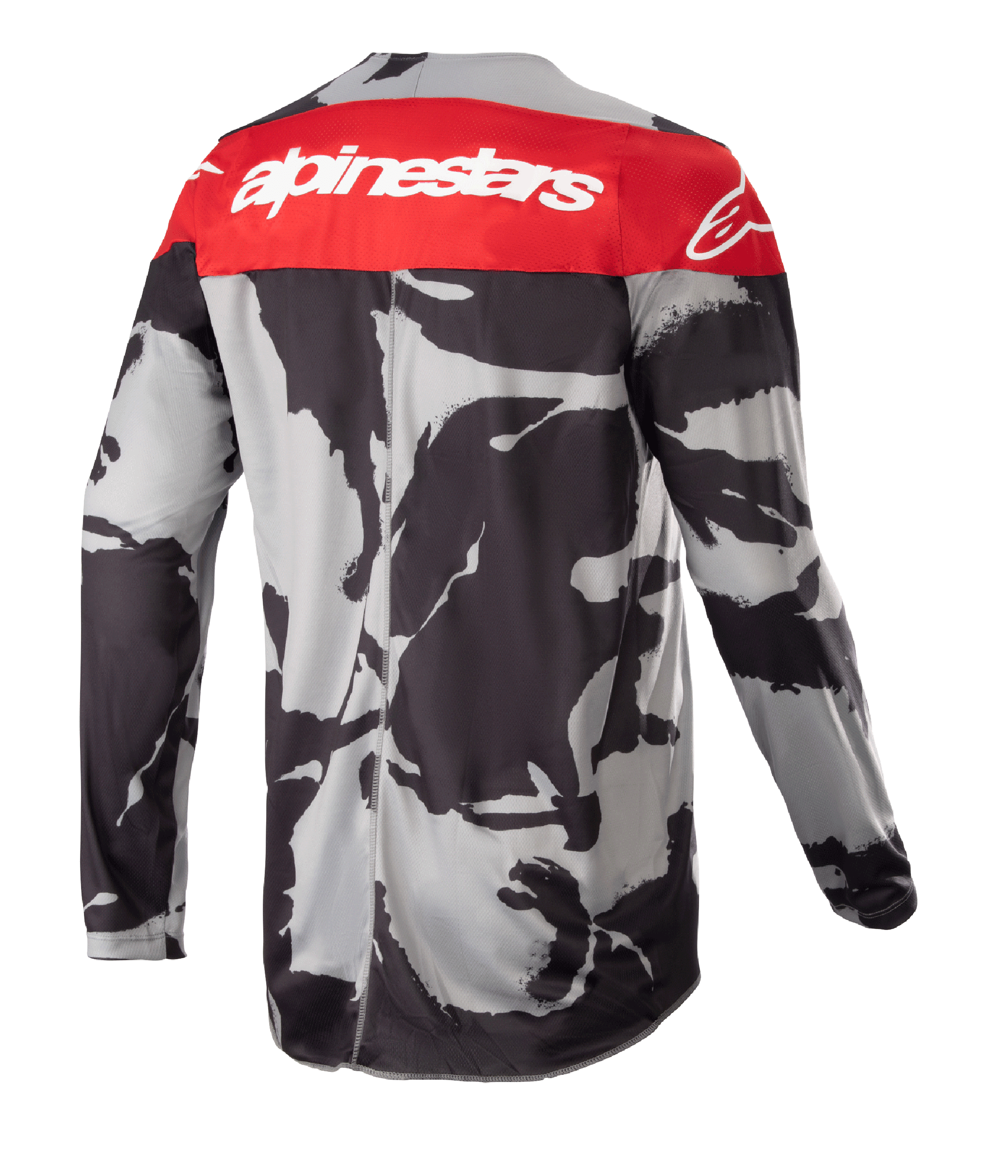 Alpinestars 2023 Racer Tactical Jersey, Motocross-Jersey, Cast Gray Camo und Mars Red, Rückansicht mit einem roten oberen Bereich mit weißem Alpinestars-Logo und grau-schwarzem Camouflage-Muster, leichte Offroad-Performance-Bekleidung