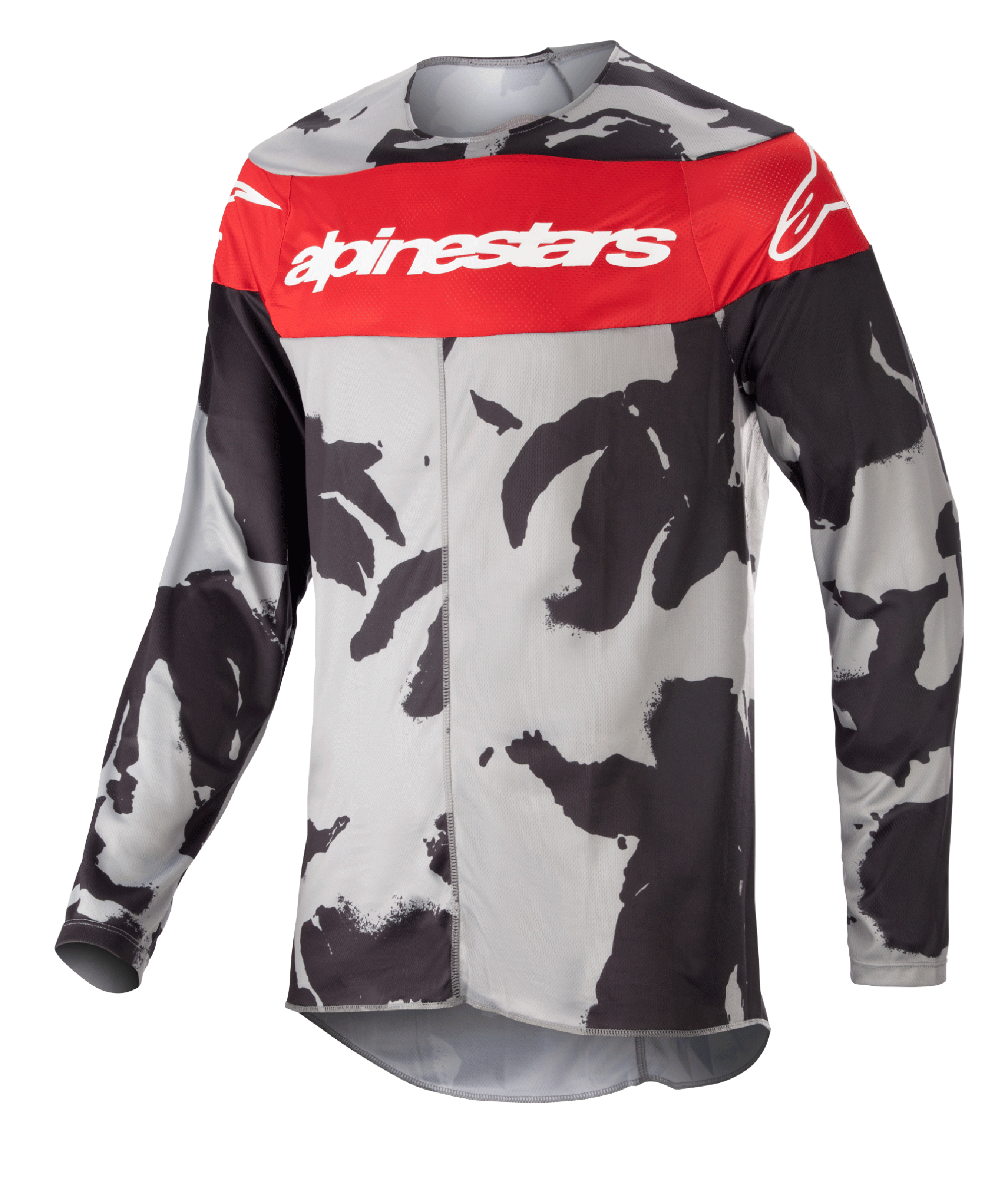 Alpinestars 2023 Racer Tactical Jersey, Motocross Jersey, Cast Gray Camo and Mars Red, prominent red chest stripe with white Alpinestars branding, black and gray camouflage pattern, long-sleeve technical apparel for off-road racing