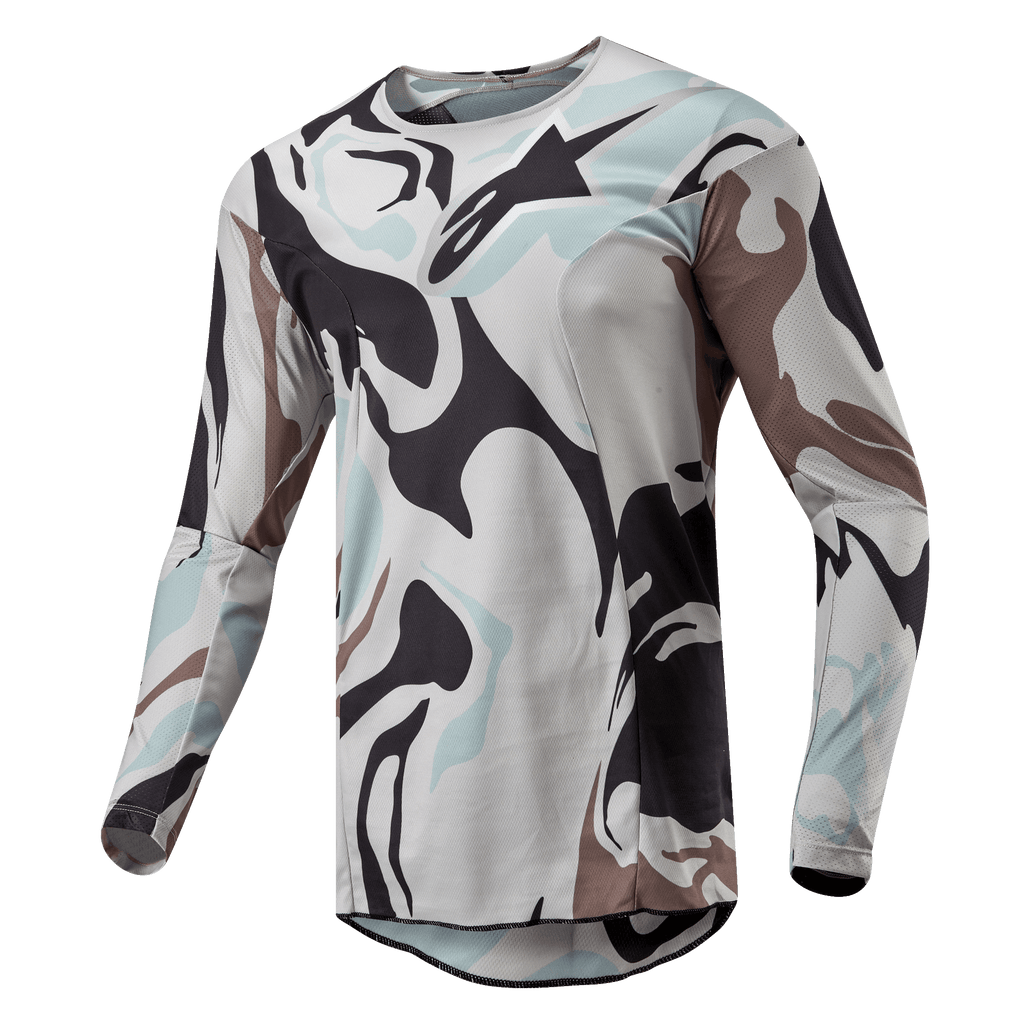 Alpinestars 2024 Racer Tactical Trikot, Motocross-Trikot, Iron Camo Dust Gray, mit markantem Camouflage-Muster in Hellgrau, Dunkelgrau und Hellblau, leichte Poly-Gewebe-Konstruktion mit atmungsaktiven Mesh-Einsätzen, ergonomische sportliche Passform