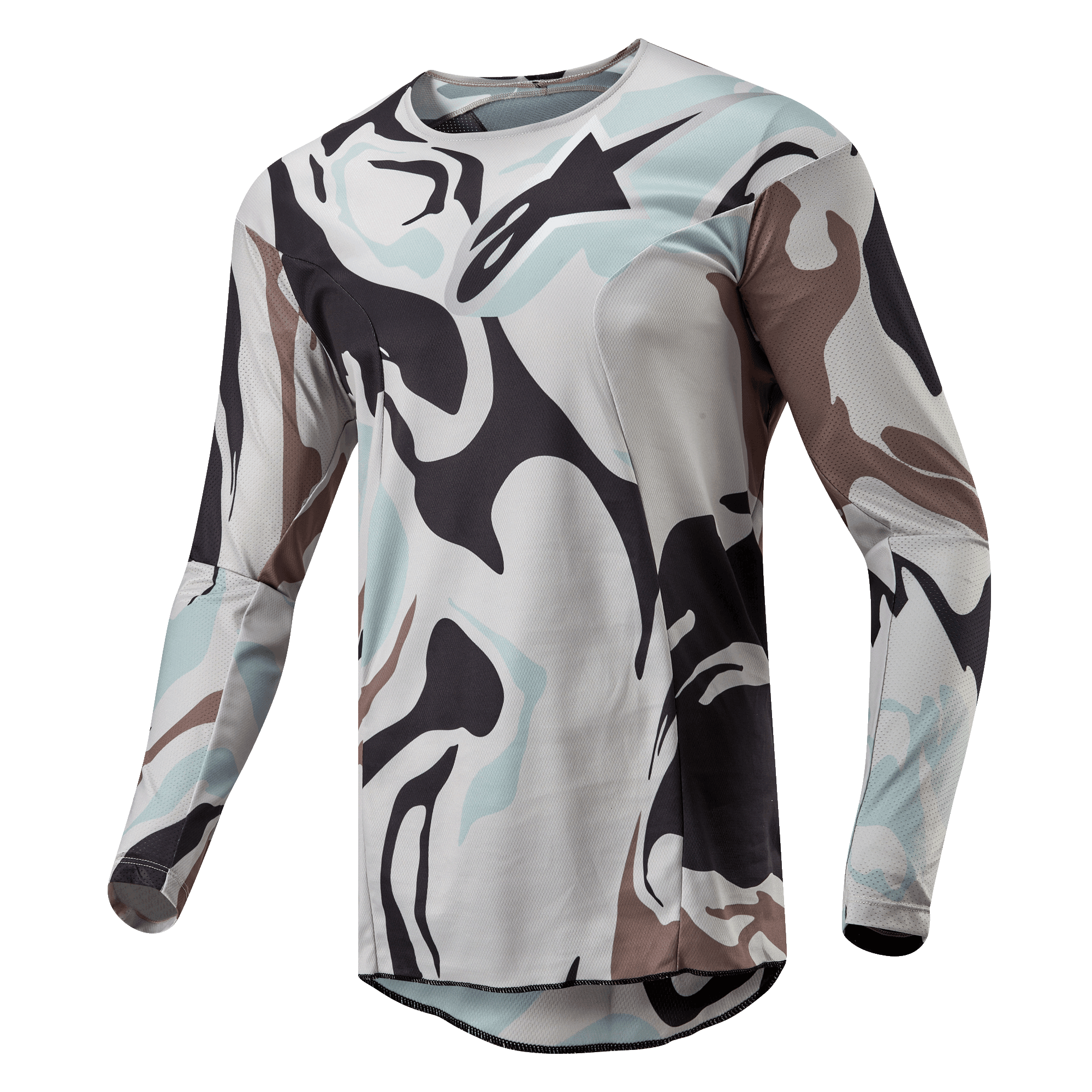 Alpinestars 2024 Racer Tactical Trikot, Motocross-Trikot, Iron Camo Dust Gray, mit markantem Camouflage-Muster in Hellgrau, Dunkelgrau und Hellblau, leichte Poly-Gewebe-Konstruktion mit atmungsaktiven Mesh-Einsätzen, ergonomische sportliche Passform