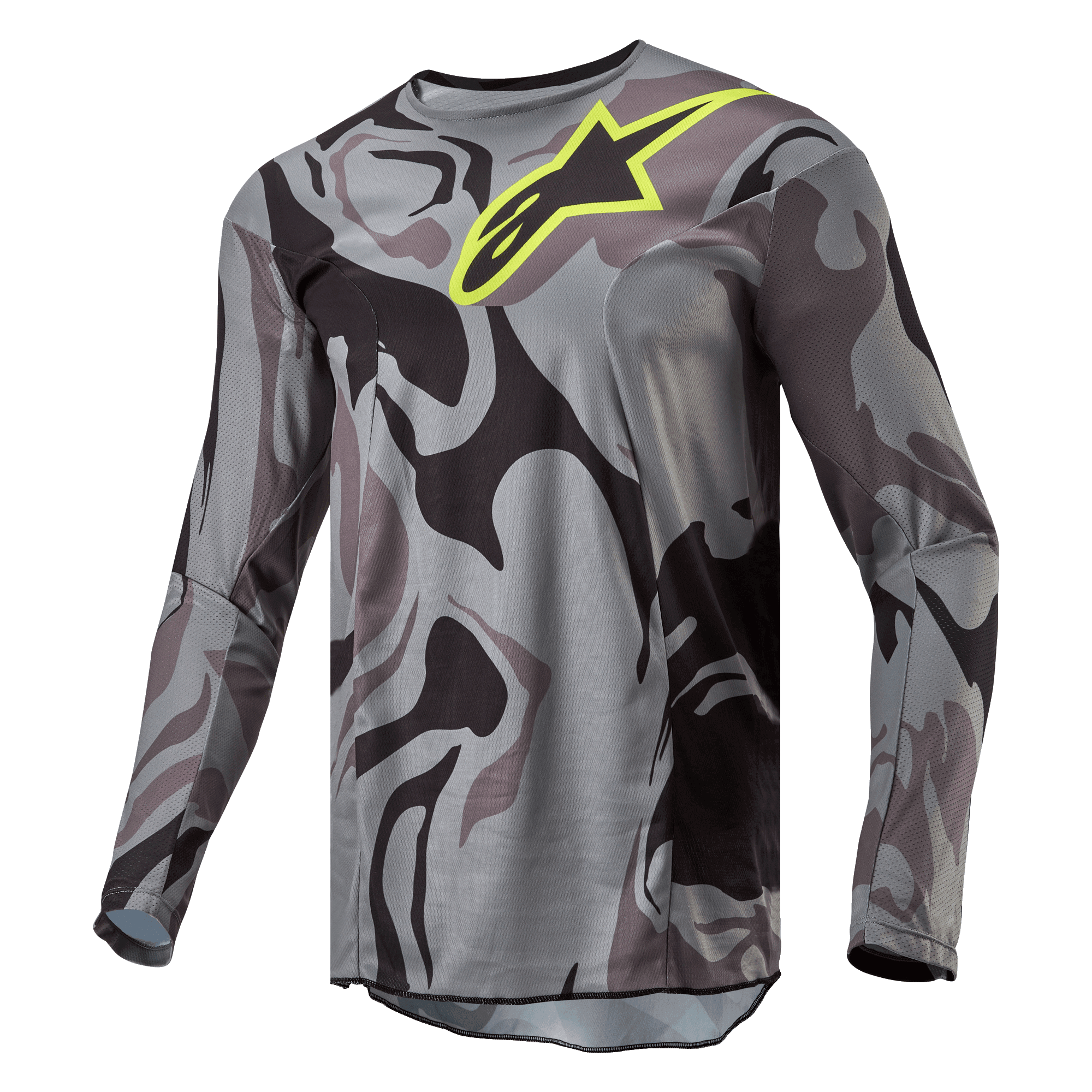 Alpinestars 2024 Racer Tactical Jersey, Motocross-Trikot, Cast Gray Camo Magnet, grau-schwarzes Camouflage-Muster mit einem leuchtend gelben Alpinestars-Logo auf der Brust, langärmlig, Performance-Offroad-Fahrerausrüstung