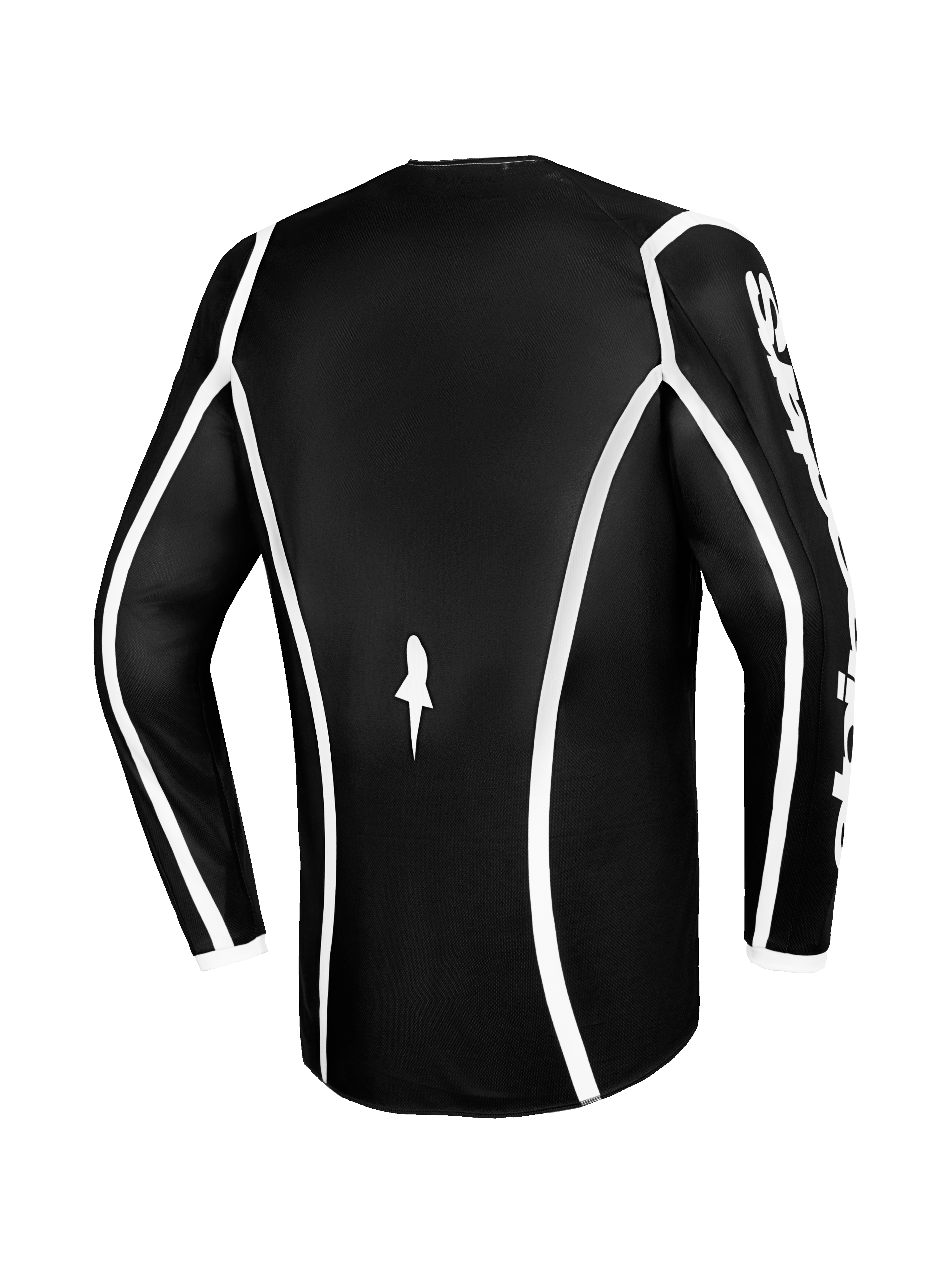 Alpinestars 2026 Fluid Apex Trikot, Motocross-Trikot, Schwarz mit weißer geschwungener Paspelierung, Rückansicht zeigt ergonomischen Schnitt und kleines weißes Logo, Performance-Langarmtrikot für den Offroad-Rennsport