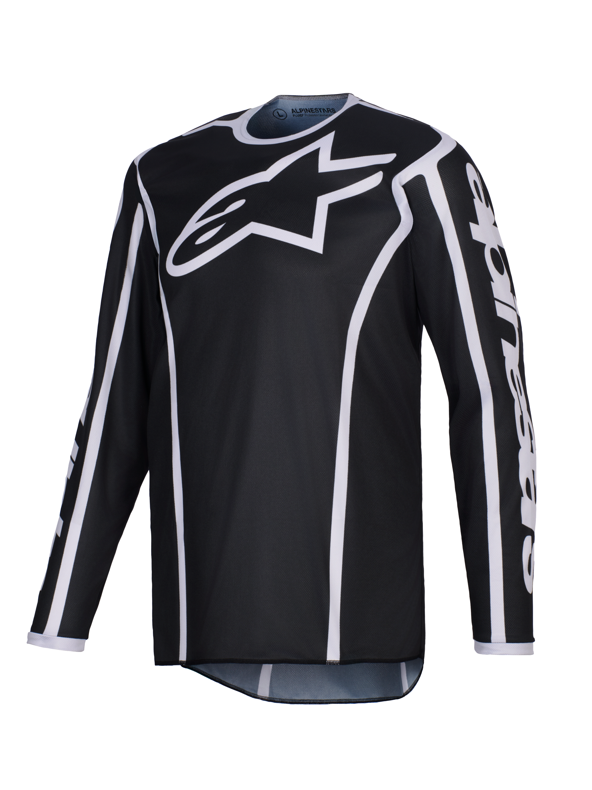 Alpinestars 2026 Fluid Apex Trikot, Motocross-Trikot, Schwarz mit weißen Akzenten, großes weißes Logo auf der Brust, weißer Besatz entlang der Nähte, langärmeliges Performance-Polygewebe für Offroad-Rennsport