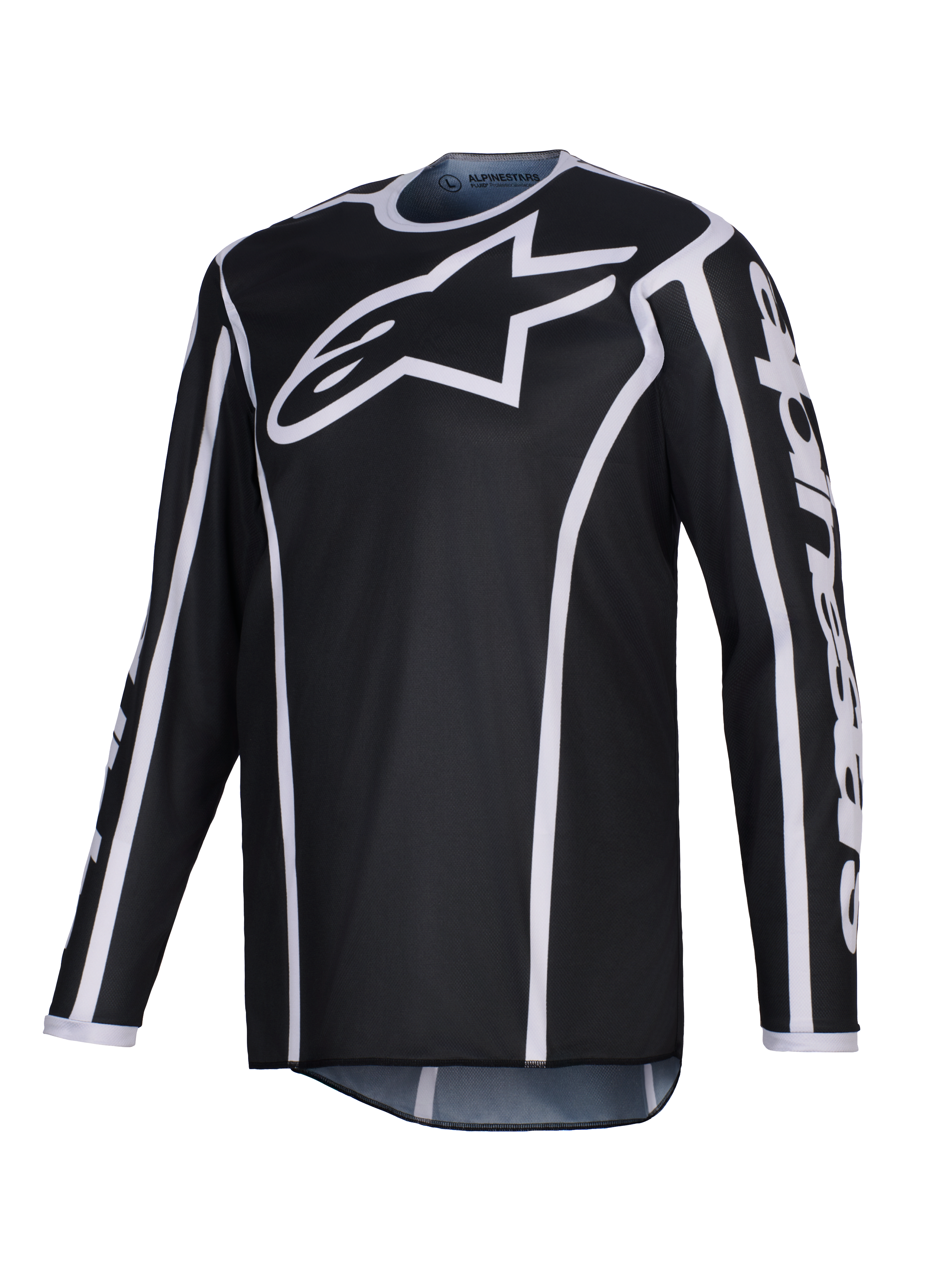 Alpinestars 2026 Fluid Apex Trikot, Motocross-Trikot, Schwarz mit weißen Akzenten, großes weißes Logo auf der Brust, weißer Besatz entlang der Nähte, langärmeliges Performance-Polygewebe für Offroad-Rennsport