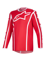 Alpinestars 2026 Fluid Apex Jersey, Motocross-Jersey, Rot und Weiß, mit großem weißen A-Star-Logo auf der Brust, weißem Sportkragen, vertikalen Paspeln und verlängertem Rückensaum für Offroad-Performance.