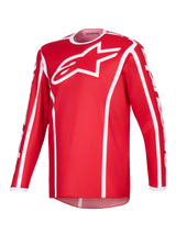 Alpinestars 2026 Fluid Apex Jersey, Motocross-Jersey, Rot und Weiß, mit großem weißen A-Star-Logo auf der Brust, weißem Sportkragen, vertikalen Paspeln und verlängertem Rückensaum für Offroad-Performance.