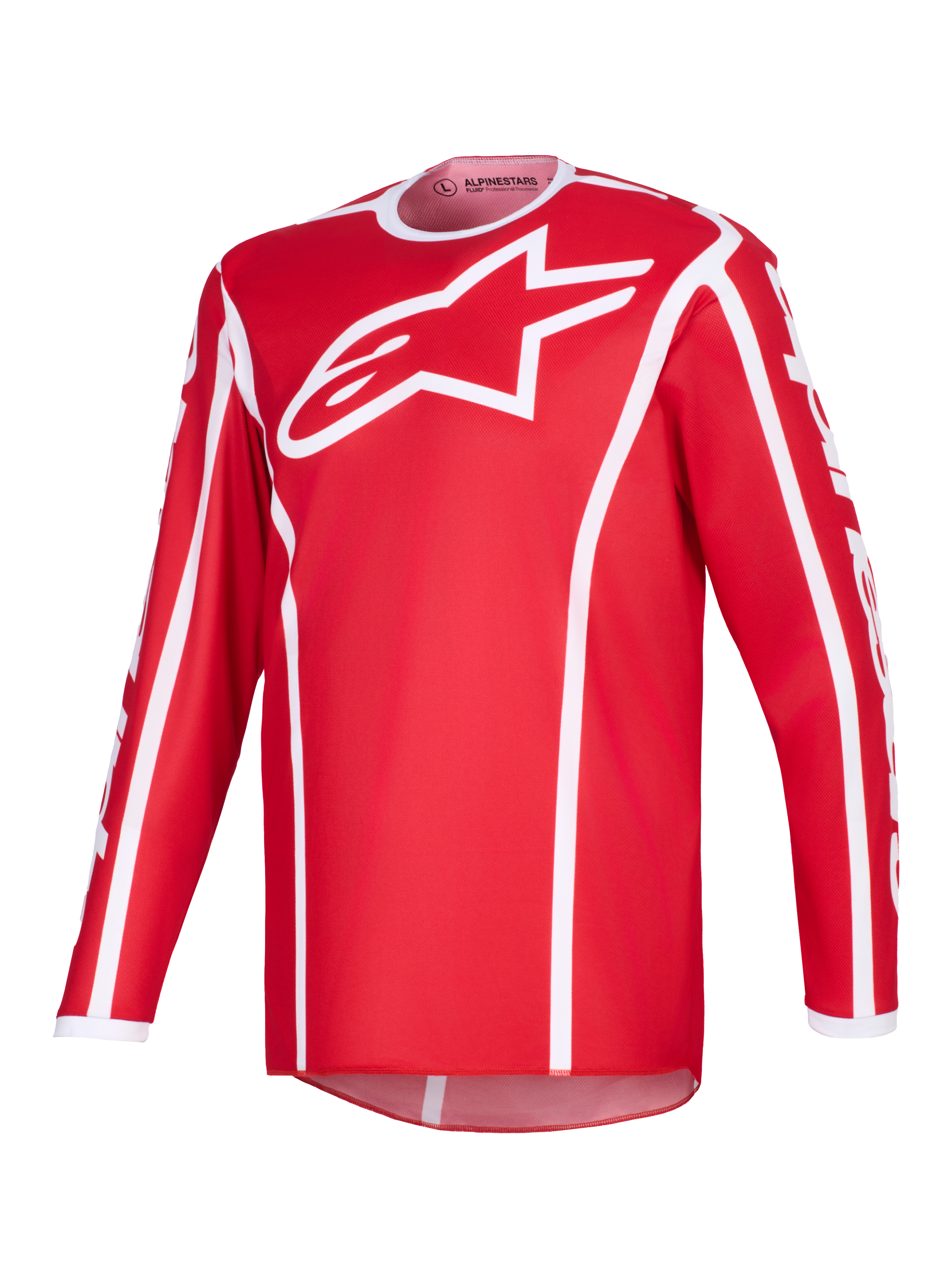 Alpinestars 2026 Fluid Apex Jersey, Motocross-Jersey, Rot und Weiß, mit großem weißen A-Star-Logo auf der Brust, weißem Sportkragen, vertikalen Paspeln und verlängertem Rückensaum für Offroad-Performance.