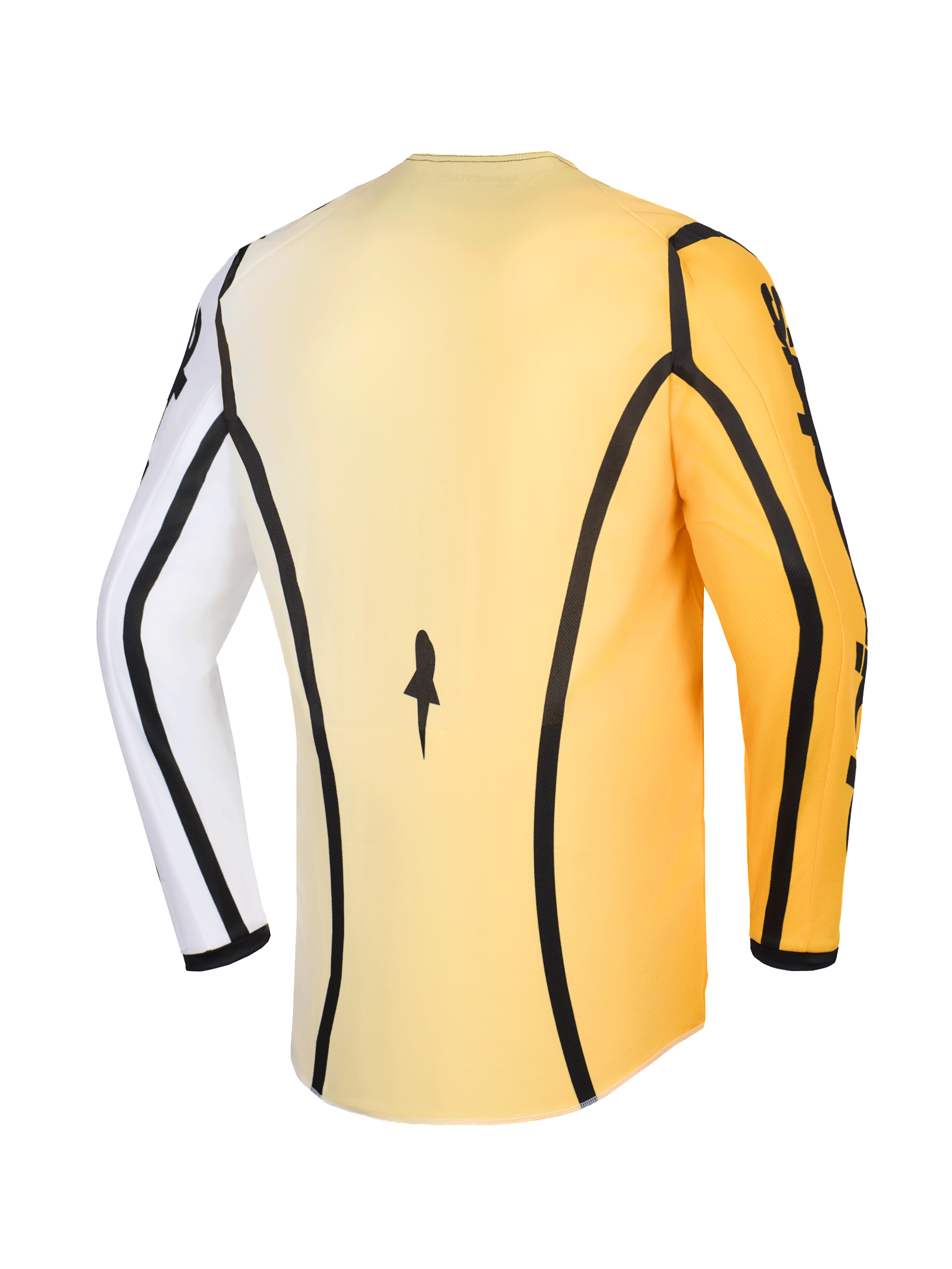 Alpinestars 2026 Fluid Apex Jersey, Motocross Jersey, Yellow White and Black, back view featuring black piping accents, one white sleeve and one yellow sleeve, with an extended rear hem for off-road riding coverage.