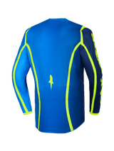 Alpinestars 2026 Fluid Apex Jersey, Motocross Jersey, Blue and Yellow Fluo, rear view featuring neon yellow graphic lines and extended back hem, lightweight and breathable off-road gear
