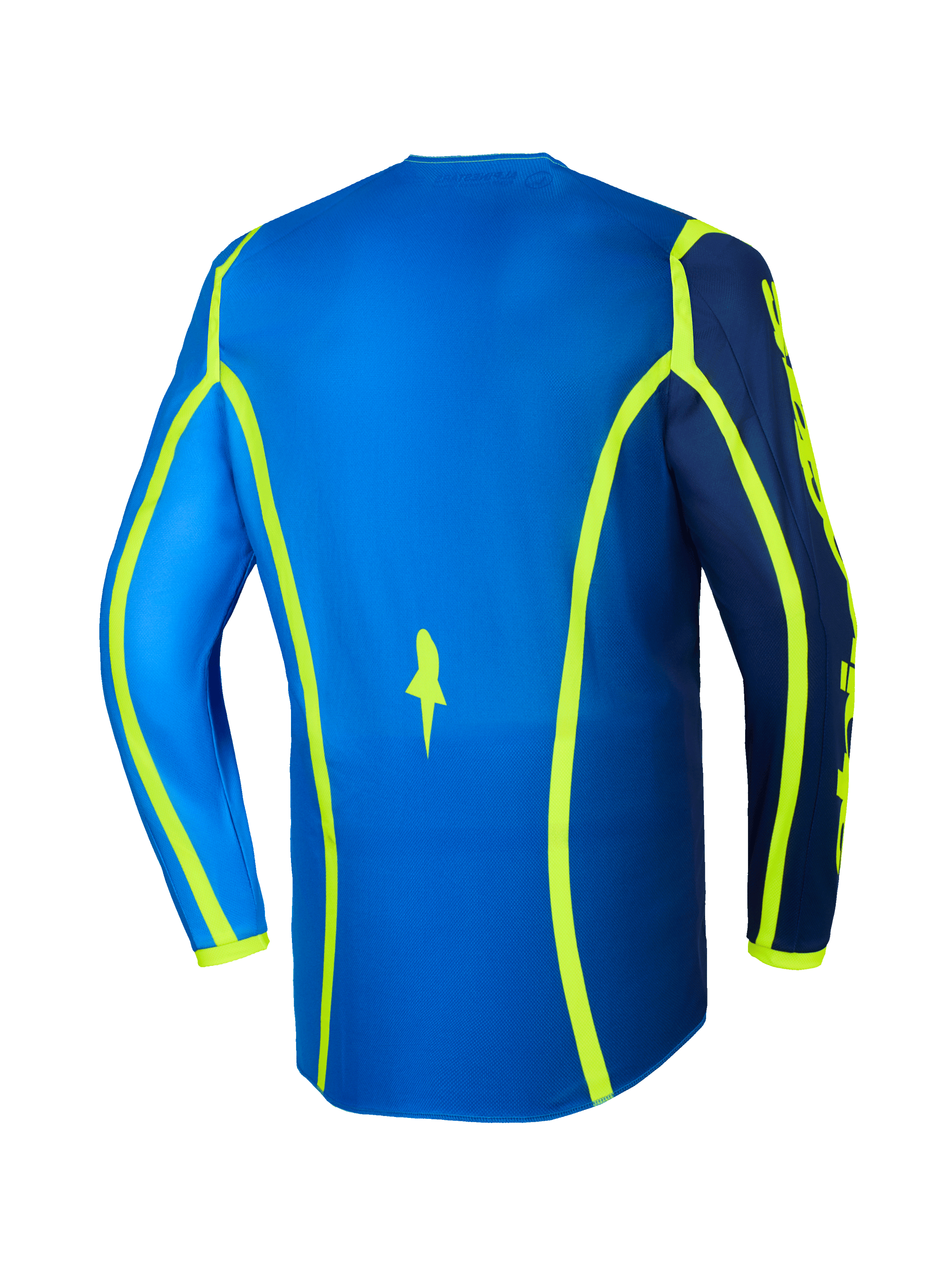 Alpinestars 2026 Fluid Apex Jersey, Motocross Jersey, Blue and Yellow Fluo, rear view featuring neon yellow graphic lines and extended back hem, lightweight and breathable off-road gear