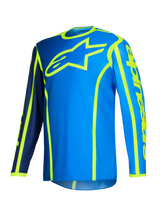 Alpinestars 2026 Fluid Apex Jersey, Motocross Jersey, Blue and Yellow Fluo, large fluorescent yellow star logo on the chest, long sleeves with navy blue and bright blue sections, vertical branding on the arm, sporty off-road gear