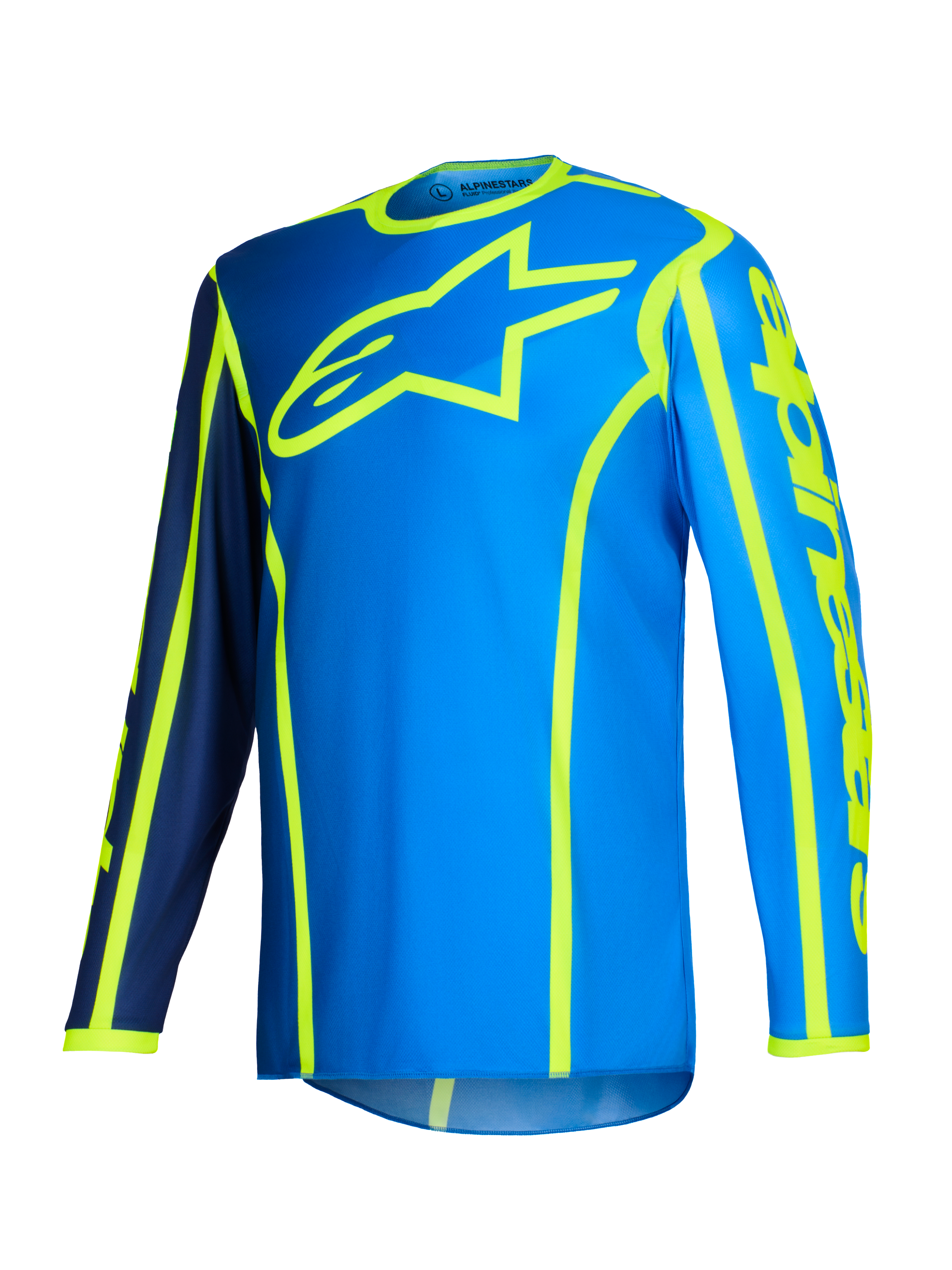 Alpinestars 2026 Fluid Apex Jersey, Motocross Jersey, Blue and Yellow Fluo, large fluorescent yellow star logo on the chest, long sleeves with navy blue and bright blue sections, vertical branding on the arm, sporty off-road gear