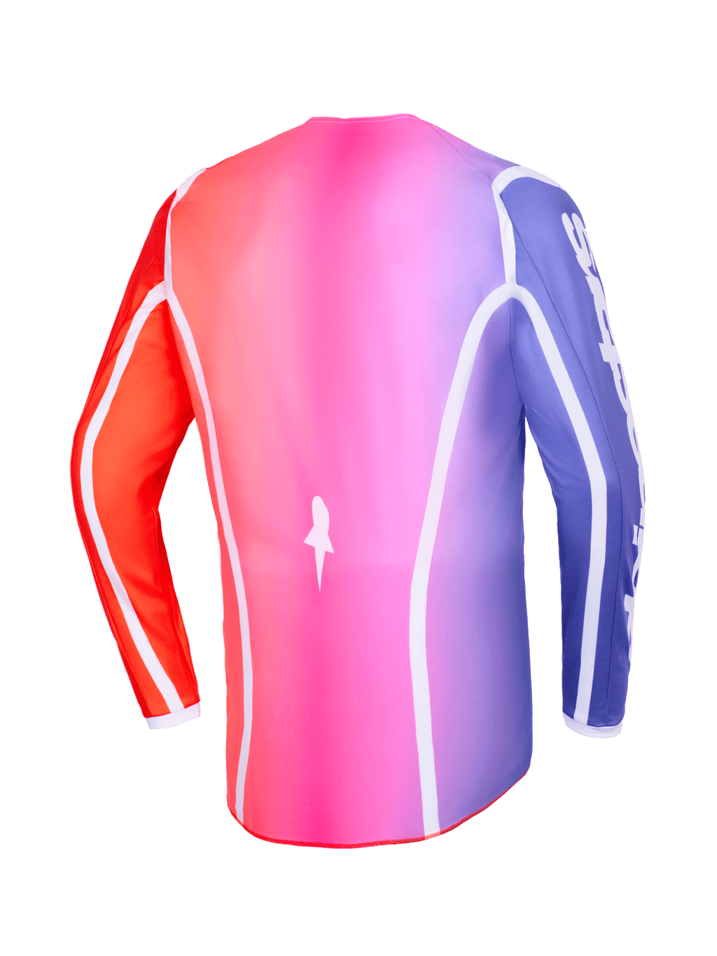 Alpinestars 2026 Fluid Apex Trikot, Rückansicht, mehrfarbiger Farbverlauf in Pink, Lila und Orange, mit weißen geschwungenen Paspeln und verlängertem Rückensaum, professionelle Motocross- und Offroad-Bekleidung