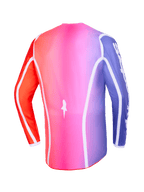 Alpinestars 2026 Fluid Apex Trikot, Rückansicht, mehrfarbiger Farbverlauf in Pink, Lila und Orange, mit weißen geschwungenen Paspeln und verlängertem Rückensaum, professionelle Motocross- und Offroad-Bekleidung
