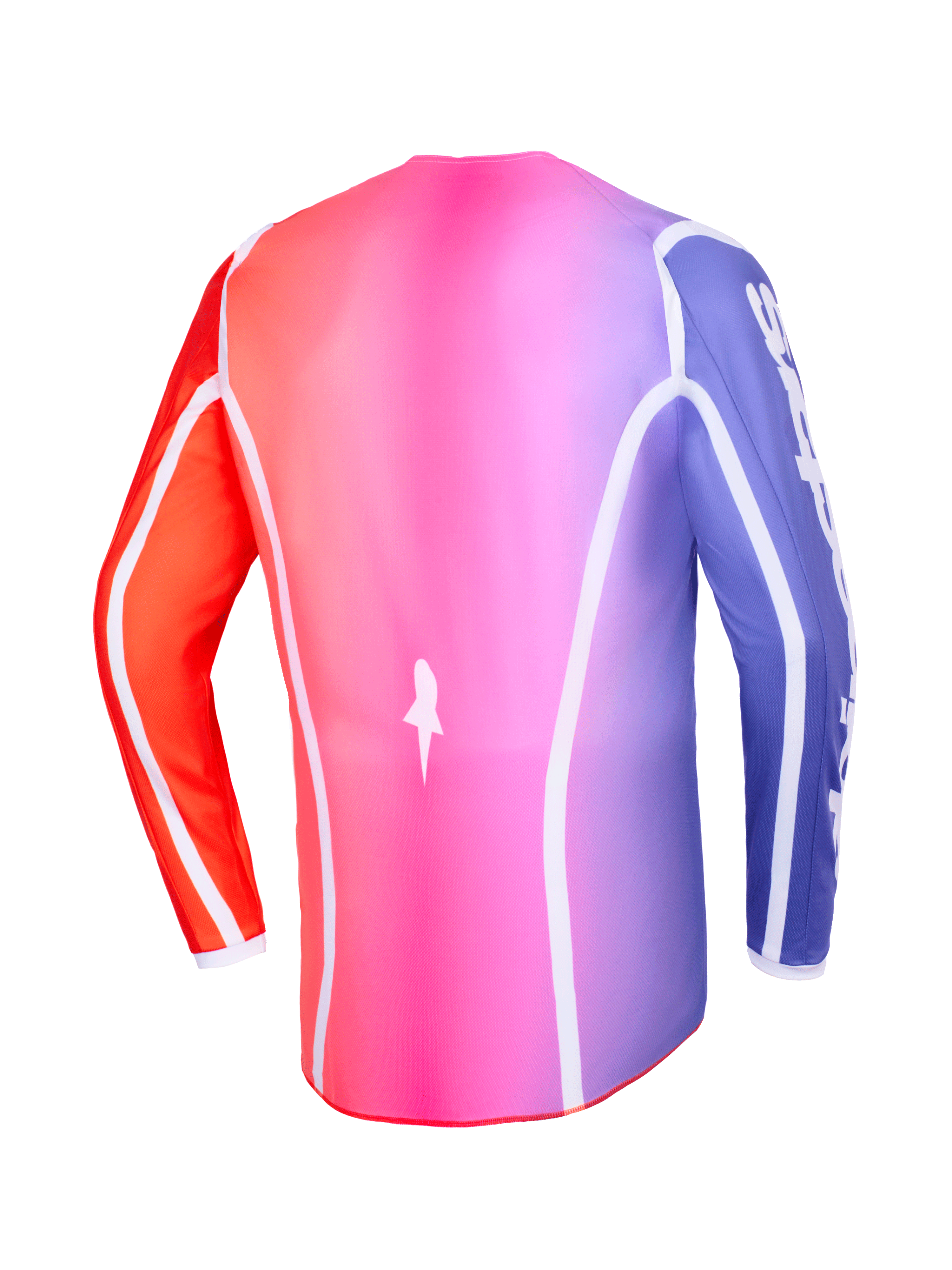 Alpinestars 2026 Fluid Apex Trikot, Rückansicht, mehrfarbiger Farbverlauf in Pink, Lila und Orange, mit weißen geschwungenen Paspeln und verlängertem Rückensaum, professionelle Motocross- und Offroad-Bekleidung