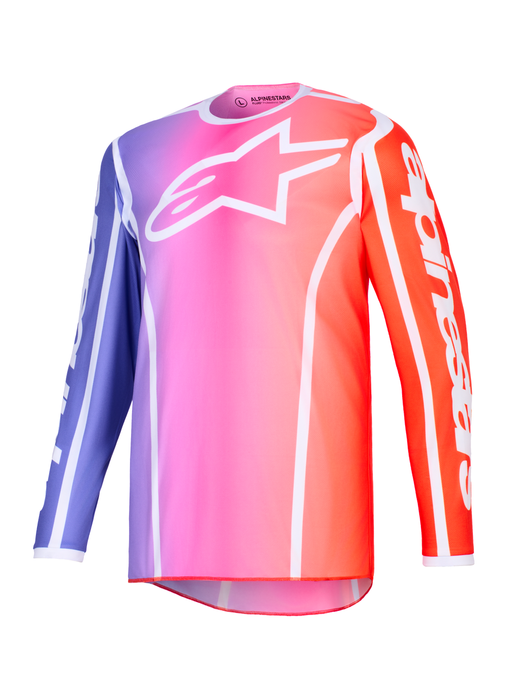 Alpinestars 2026 Fluid Apex Trikot, Motocross-Trikot, lila, pink und orangefarbener Farbverlauf mit weißen Akzenten, weißes Astars-Logo auf der Brust und Branding an den Ärmeln, leichtes Performance-Polygewebe für den Offroad-Rennsport