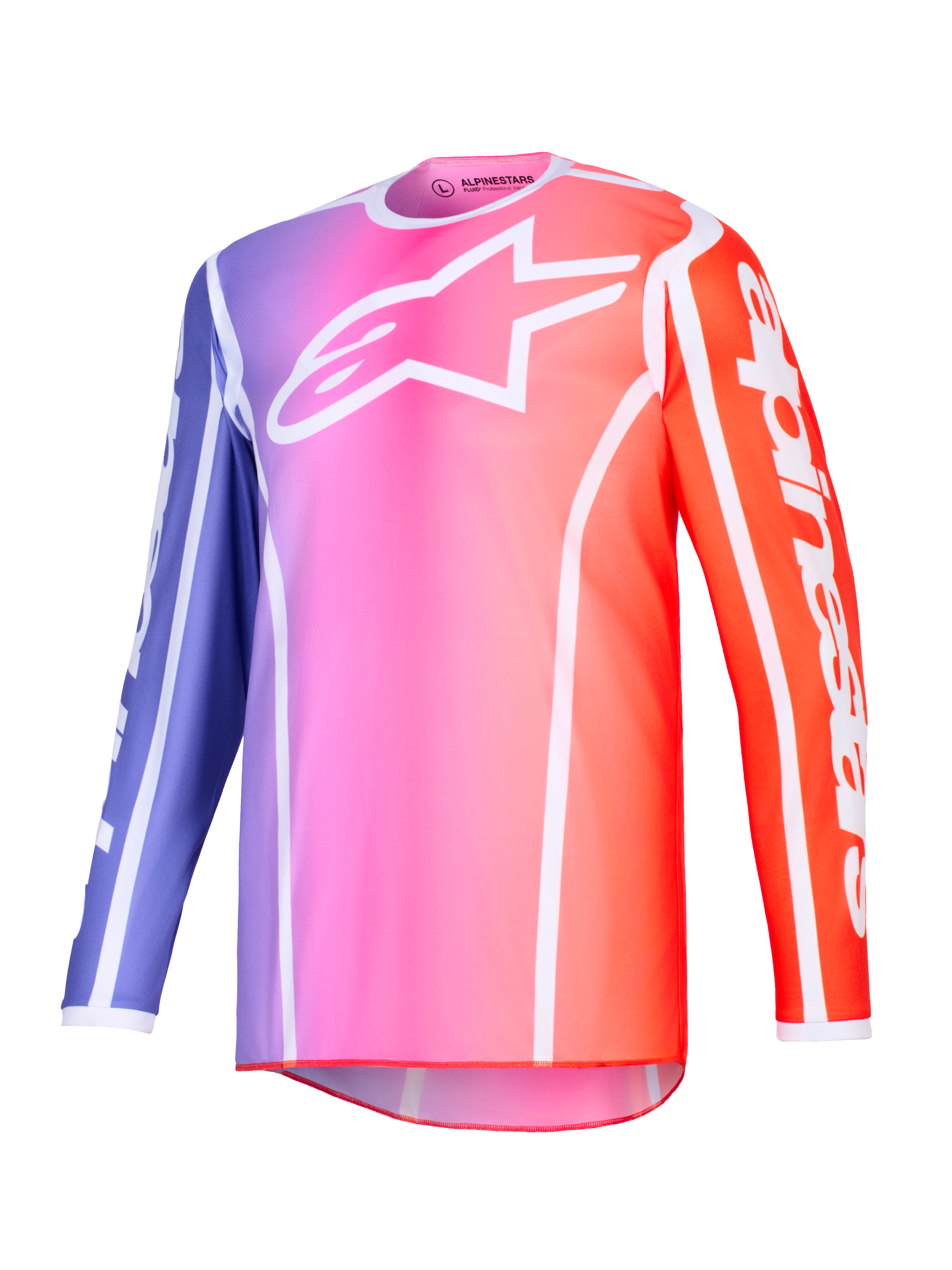 Alpinestars 2026 Fluid Apex Trikot, Motocross-Trikot, lila, pink und orangefarbener Farbverlauf mit weißen Akzenten, weißes Astars-Logo auf der Brust und Branding an den Ärmeln, leichtes Performance-Polygewebe für den Offroad-Rennsport